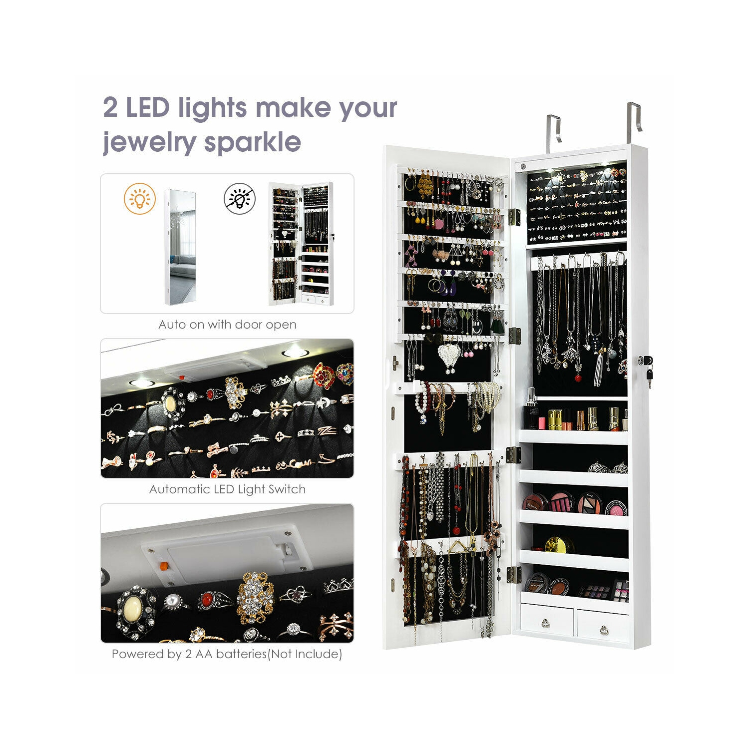Gymax Wall & Door Mounted Mirrored Jewelry Cabinet Storage Organizer W/ Lights&Drawer