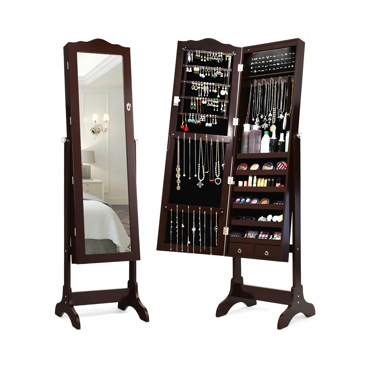 Gymax Mirrored Jewelry Cabinet Armoire Storage Organizer w/Drawer & Led Lights Brown