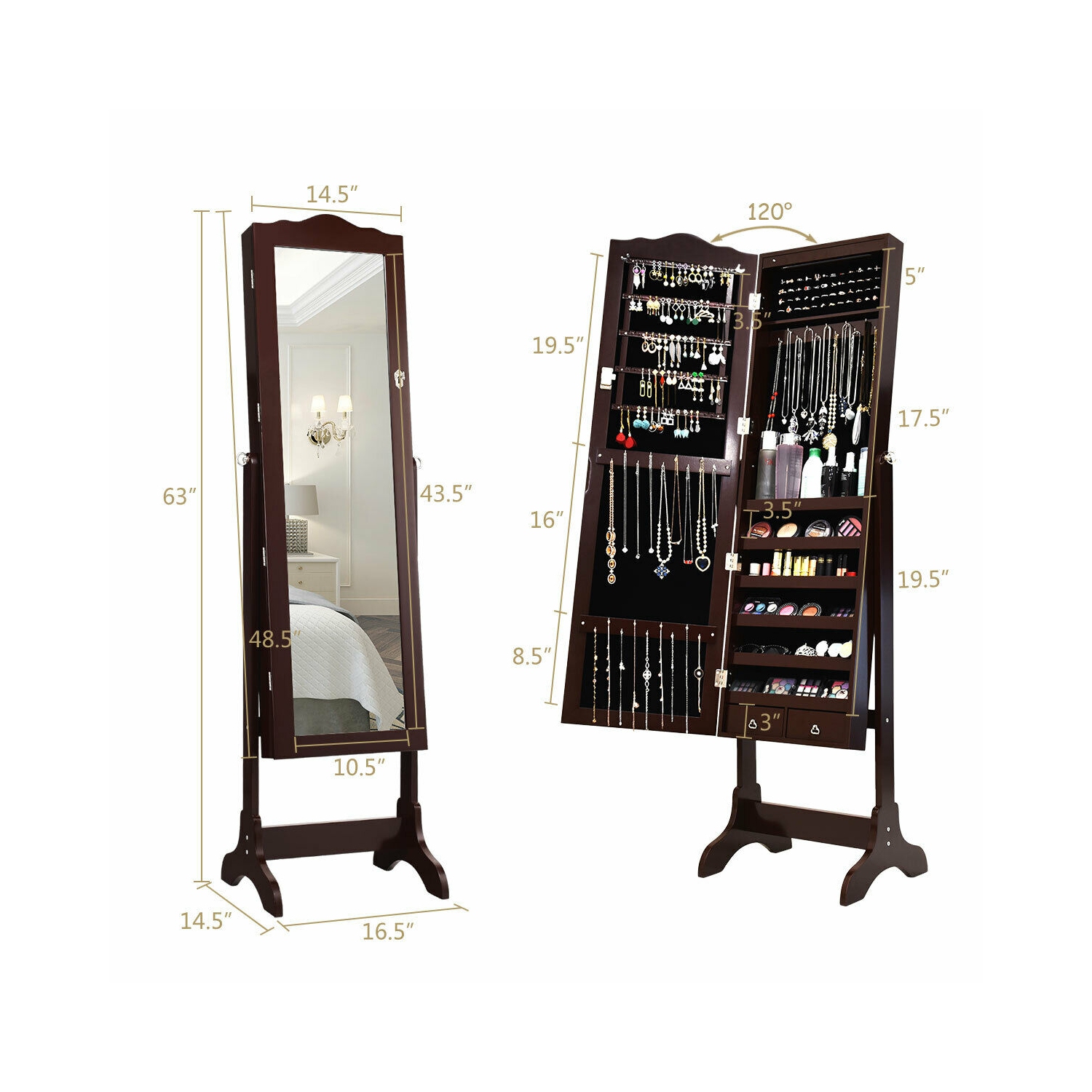 Gymax Mirrored Jewelry Cabinet Armoire Storage Organizer w/Drawer & Led Lights Brown