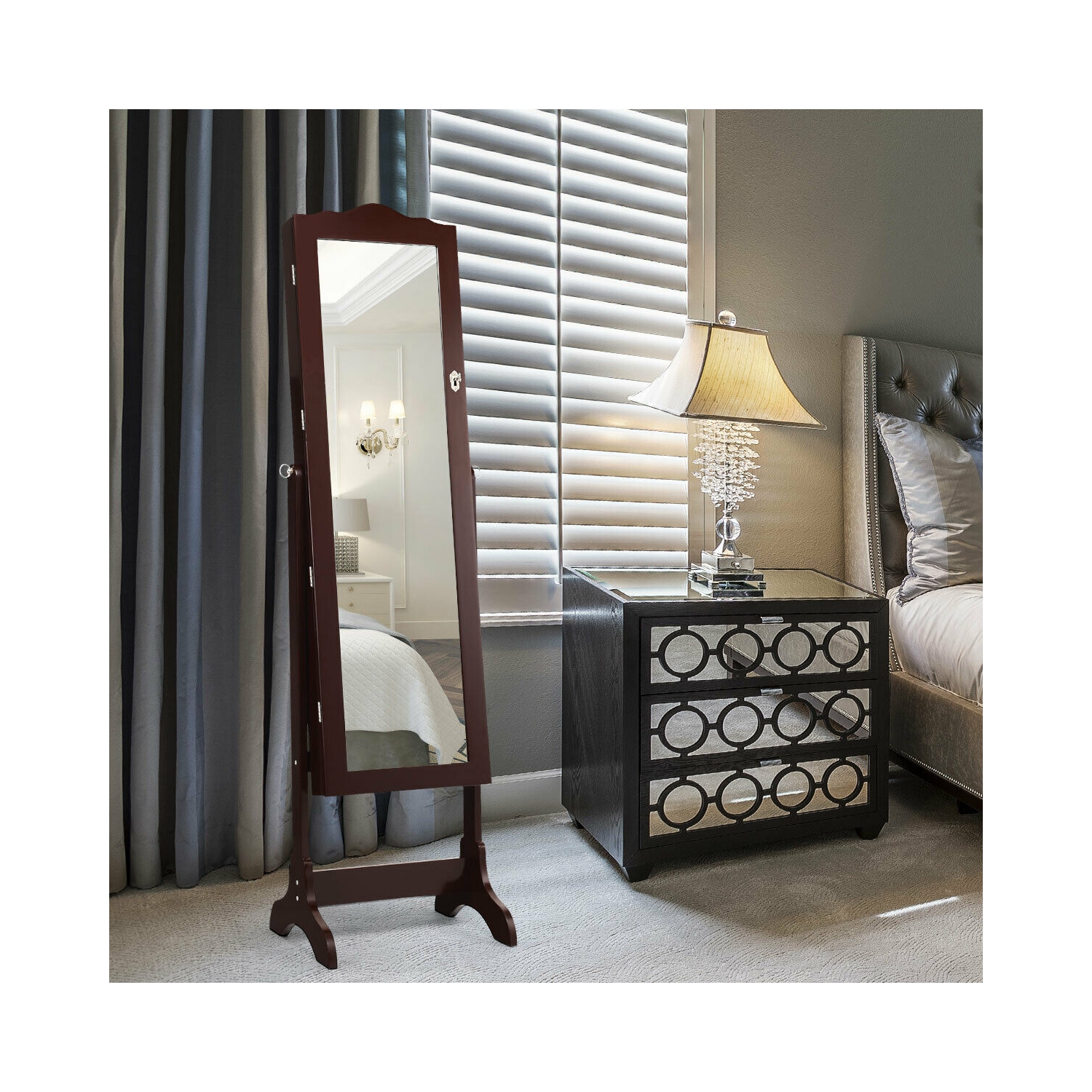 Gymax Mirrored Jewelry Cabinet Armoire Storage Organizer w/Drawer & Led Lights Brown