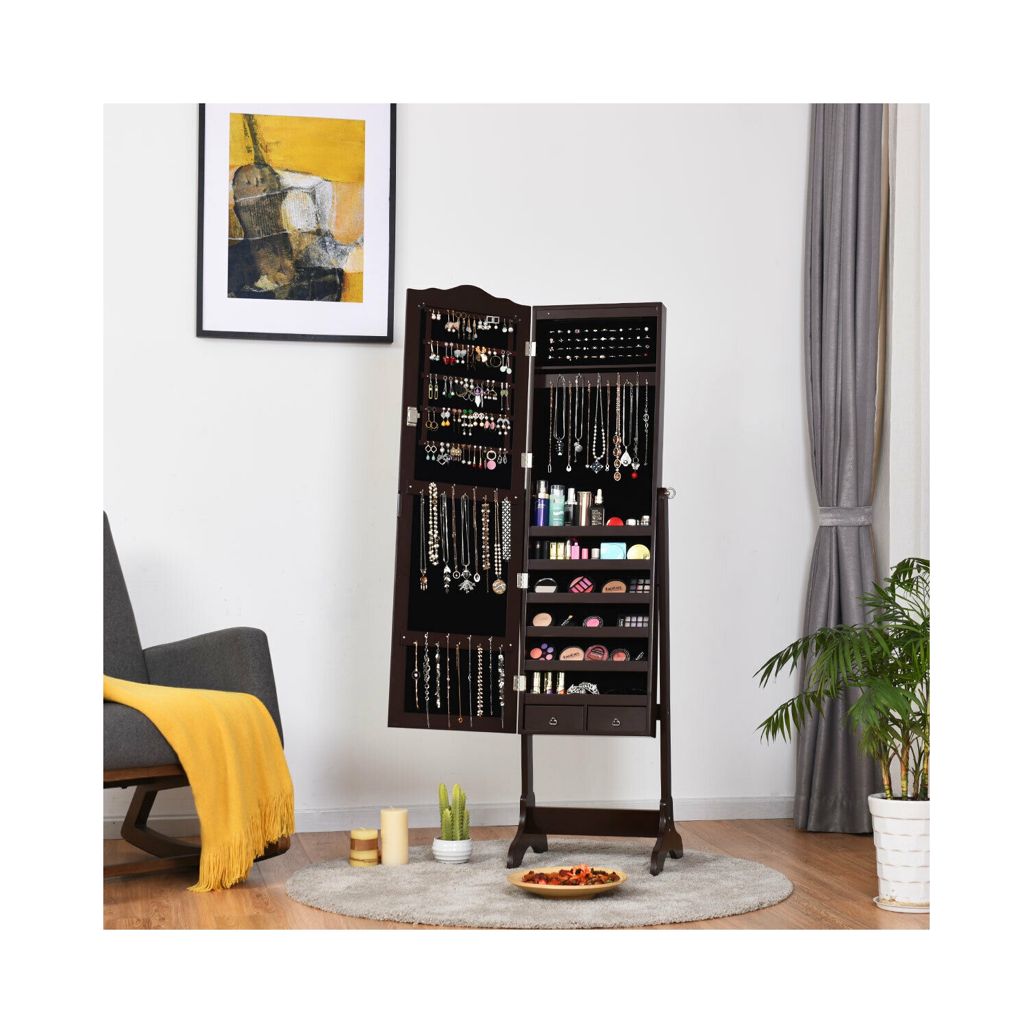 Gymax Mirrored Jewelry Cabinet Armoire Storage Organizer w/Drawer & Led Lights Brown