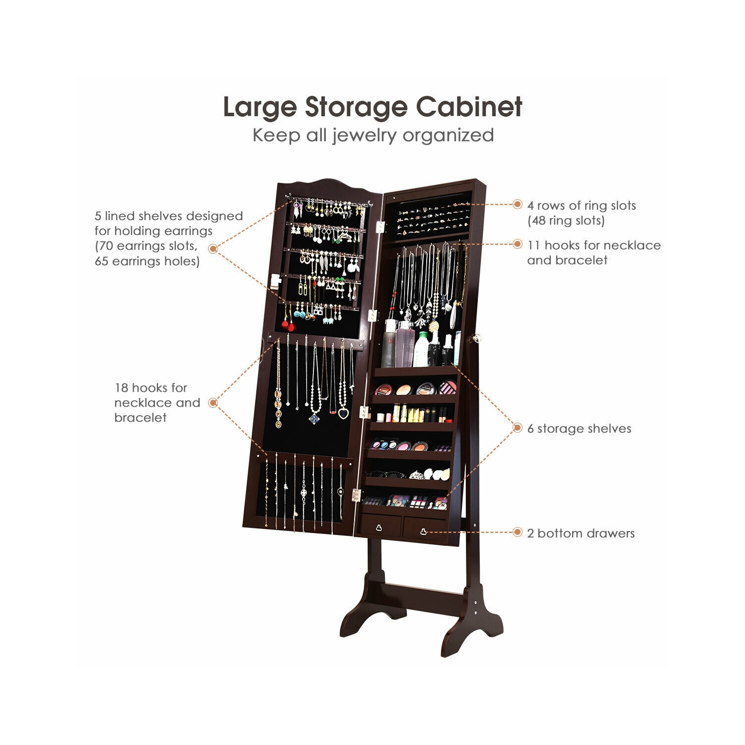 Gymax Mirrored Jewelry Cabinet Armoire Storage Organizer w/Drawer & Led Lights Brown