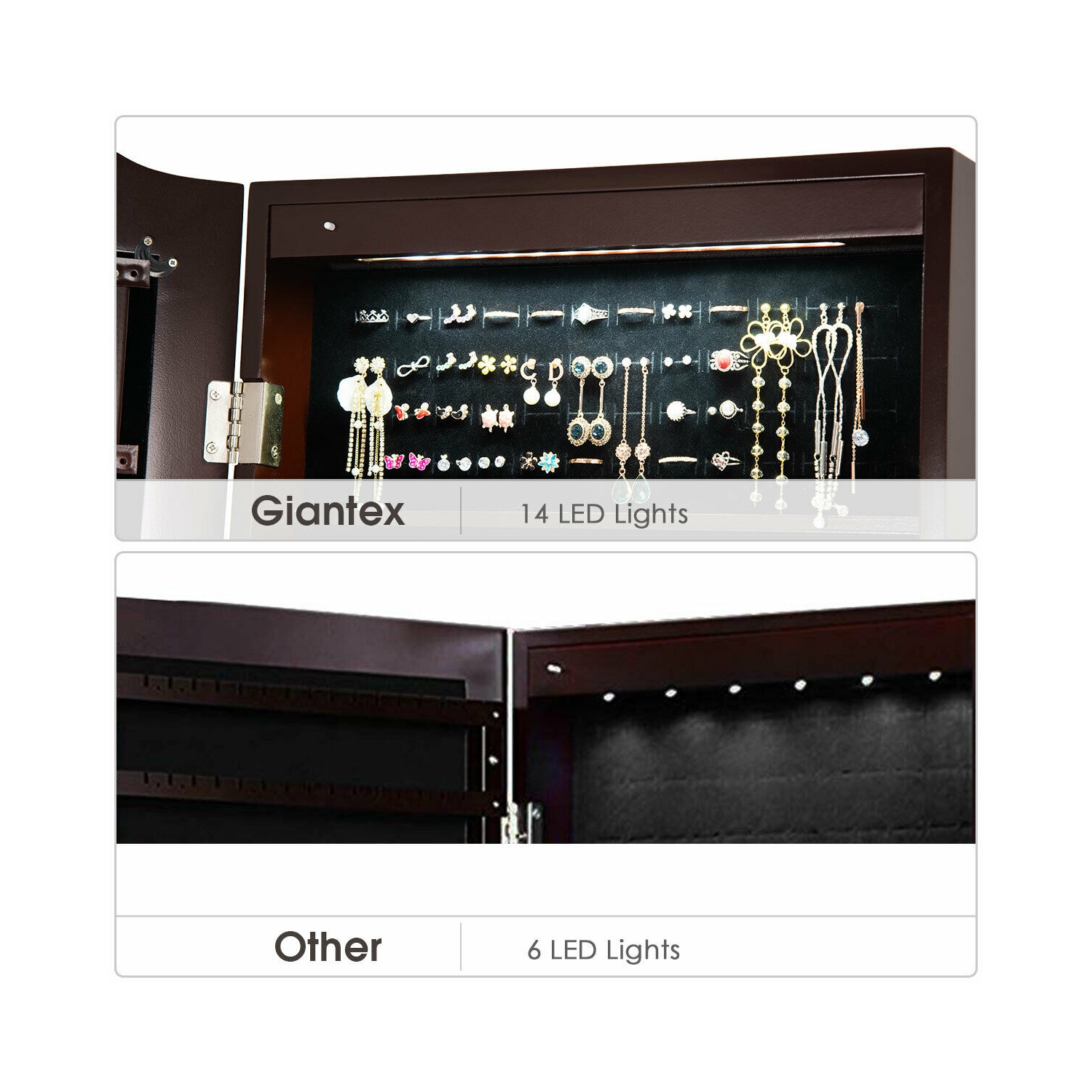 Gymax Mirrored Jewelry Cabinet Armoire Storage Organizer w/Drawer & Led Lights Brown