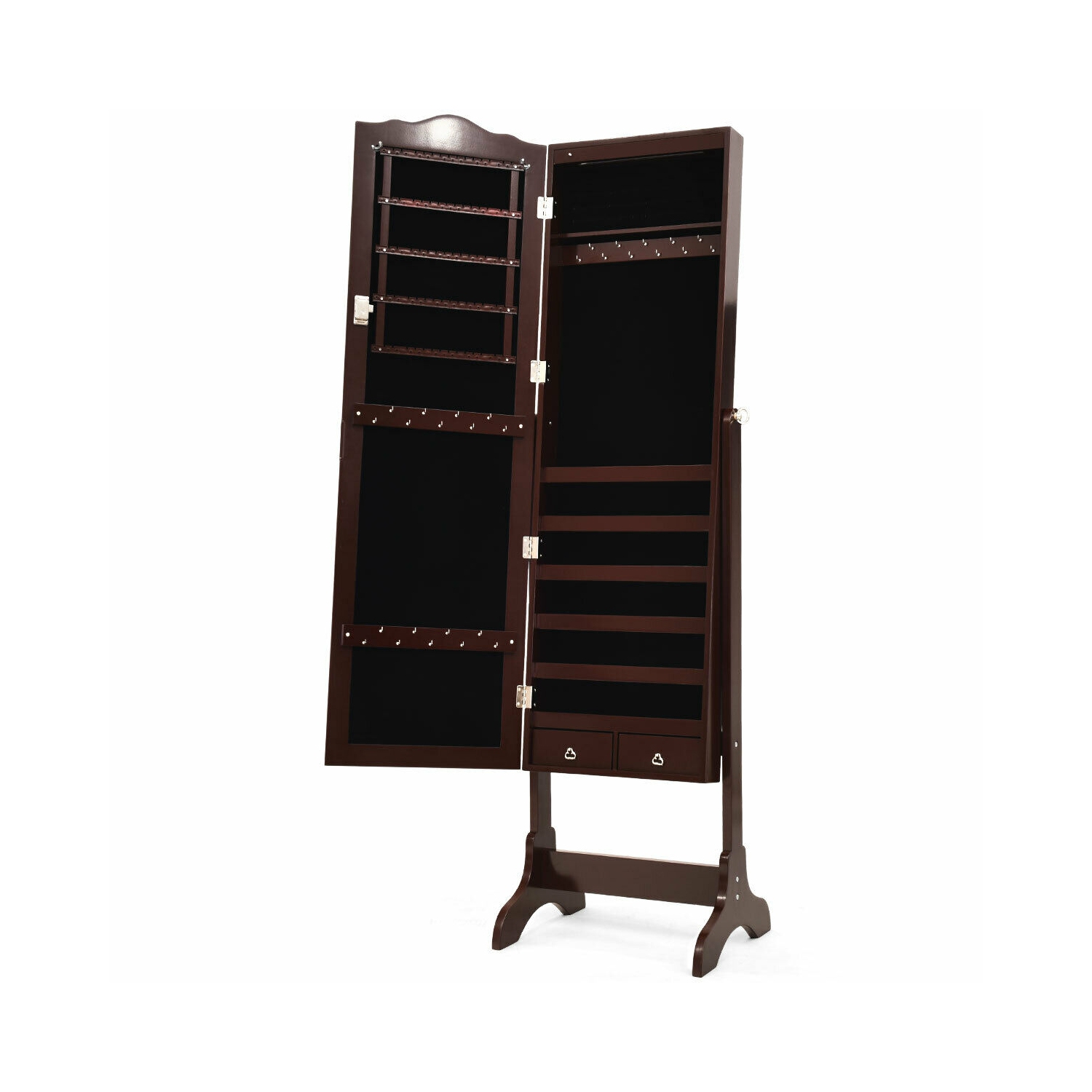Gymax Mirrored Jewelry Cabinet Armoire Storage Organizer w/Drawer & Led Lights Brown