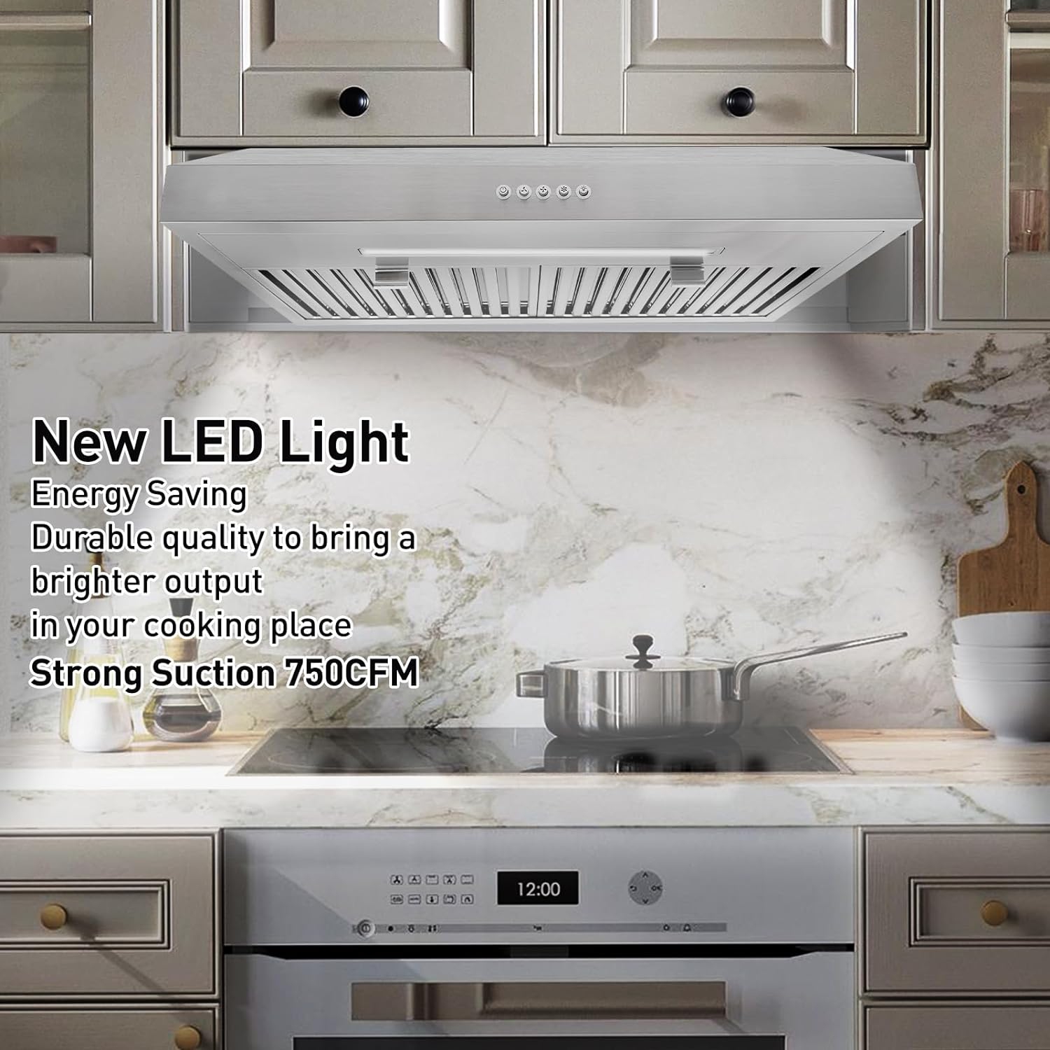 Vesta Chicago 750CFM 30'' Under Cabinet Range Hood With Stainless Steel Body, Single Motor, 3 Speeds Mechanical Button Control, Top Venting Methods