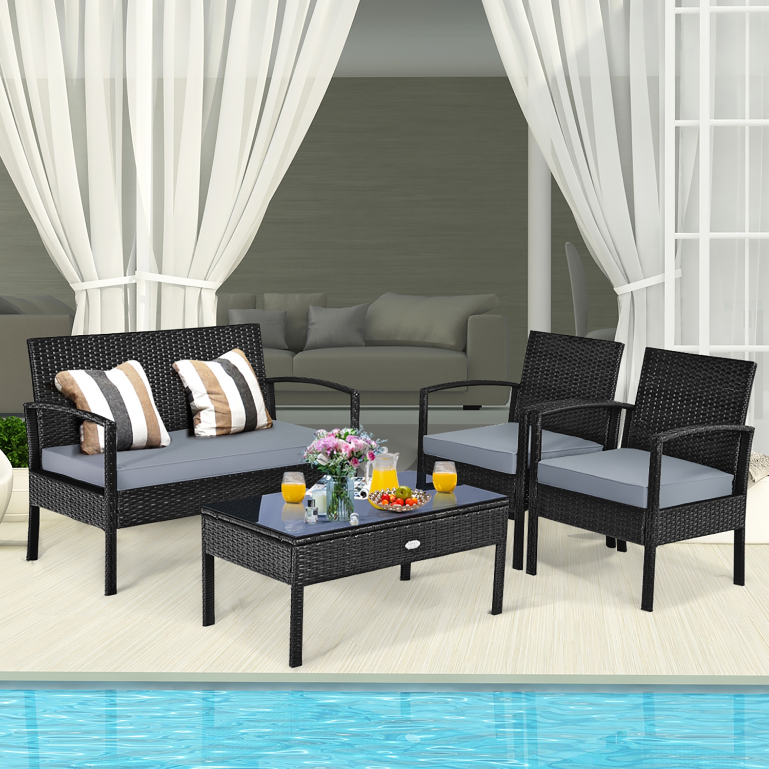 Costway Modern 4-Piece Outdoor Patio Conversation Set Rattan Wicker Table&Cushioned Sofa Furniture Black