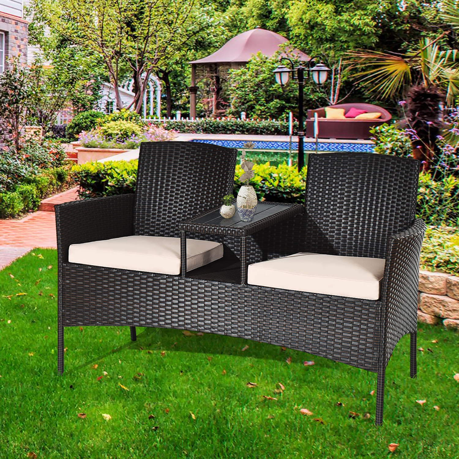 Costway Modern Patio Chat Set Rattan Seat Sofa Loveseat Table Chairs with Cushion