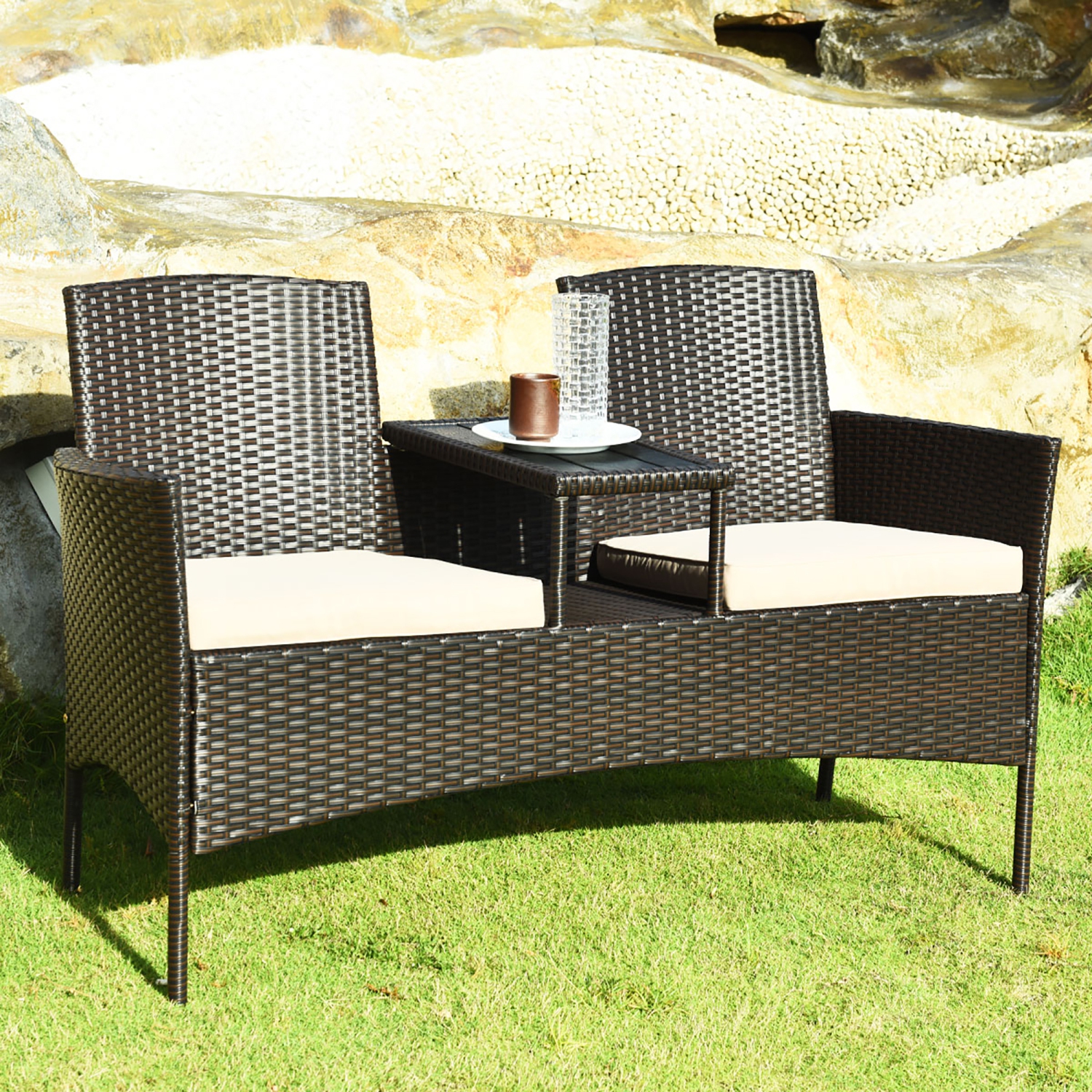 Costway Modern Patio Chat Set Rattan Seat Sofa Loveseat Table Chairs with Cushion