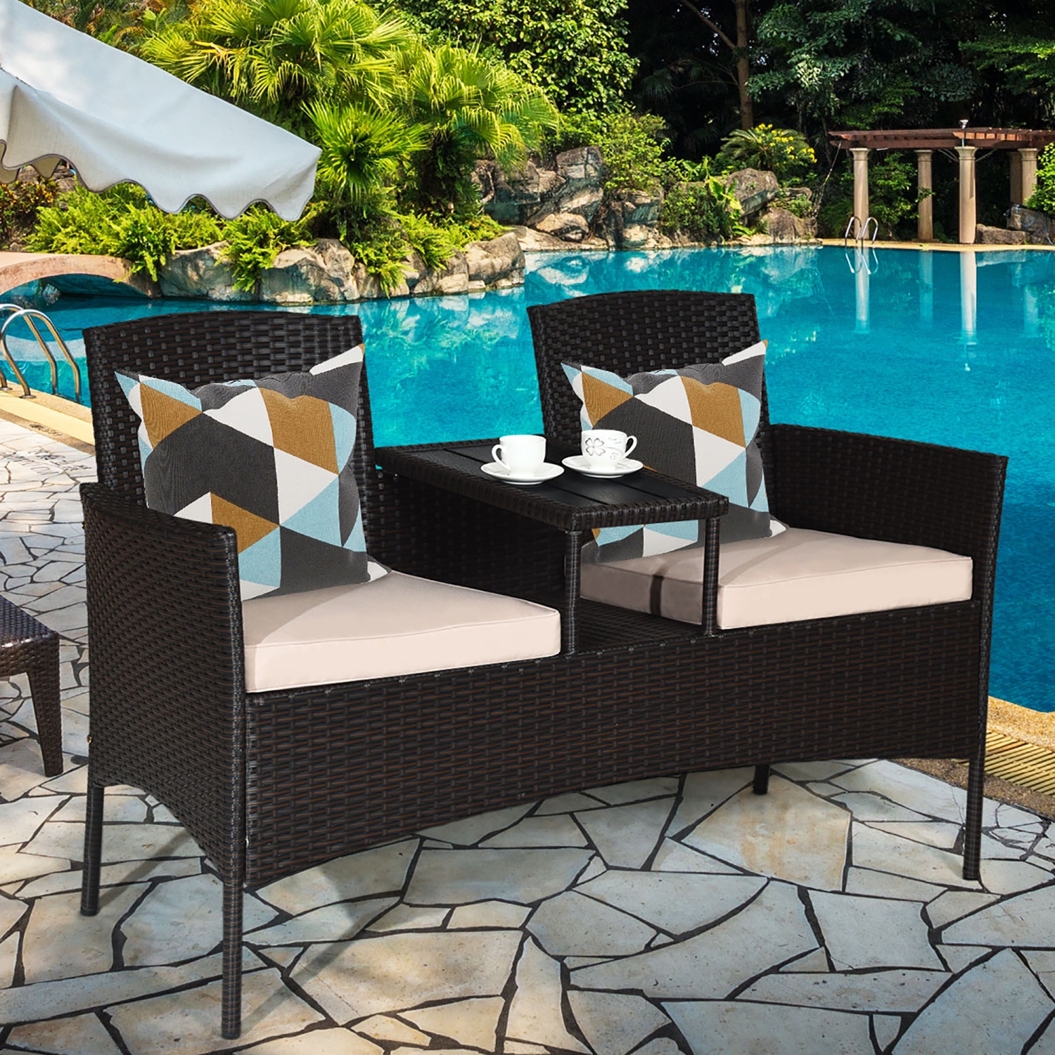 Costway Modern Patio Chat Set Rattan Seat Sofa Loveseat Table Chairs with Cushion