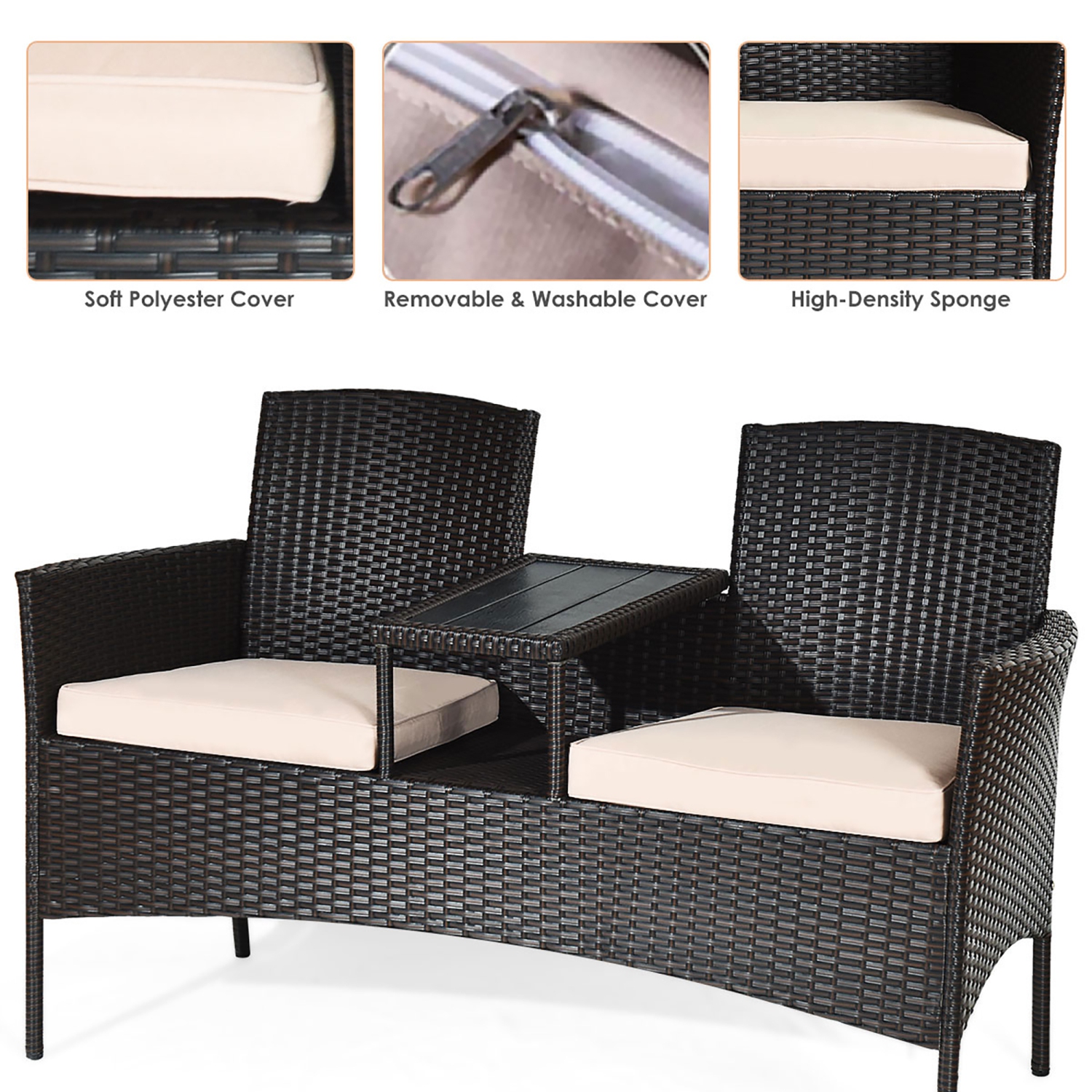 Costway Modern Patio Chat Set Rattan Seat Sofa Loveseat Table Chairs with Cushion