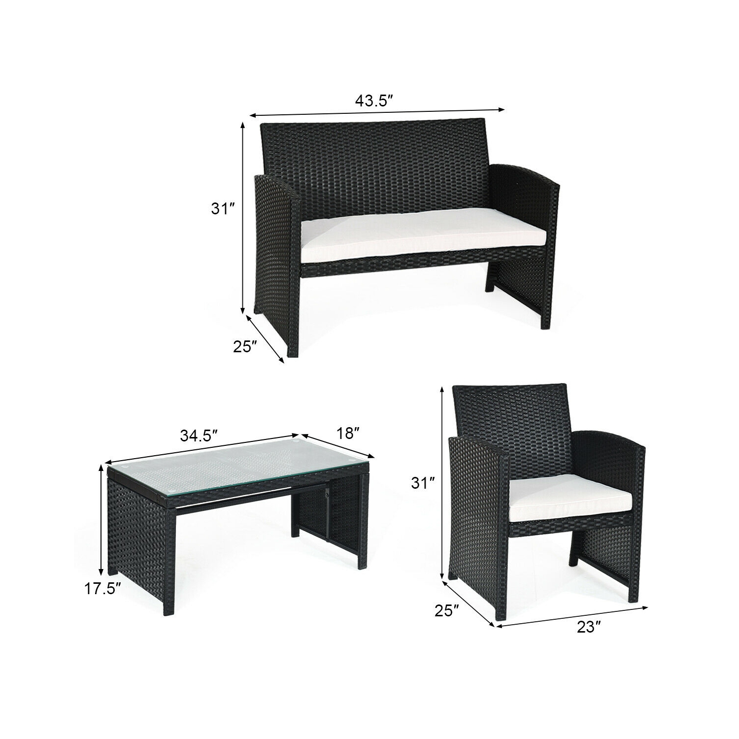 4PCS Ensemble de conversation en rotin mobiliers de jardin Canapé rembourré Table basse couleur Costway