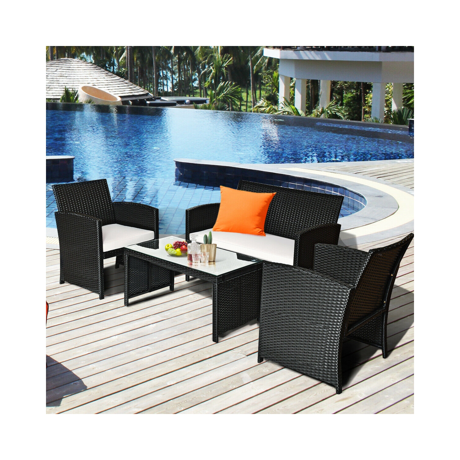 4PCS Ensemble de conversation en rotin mobiliers de jardin Canapé rembourré Table basse couleur Costway