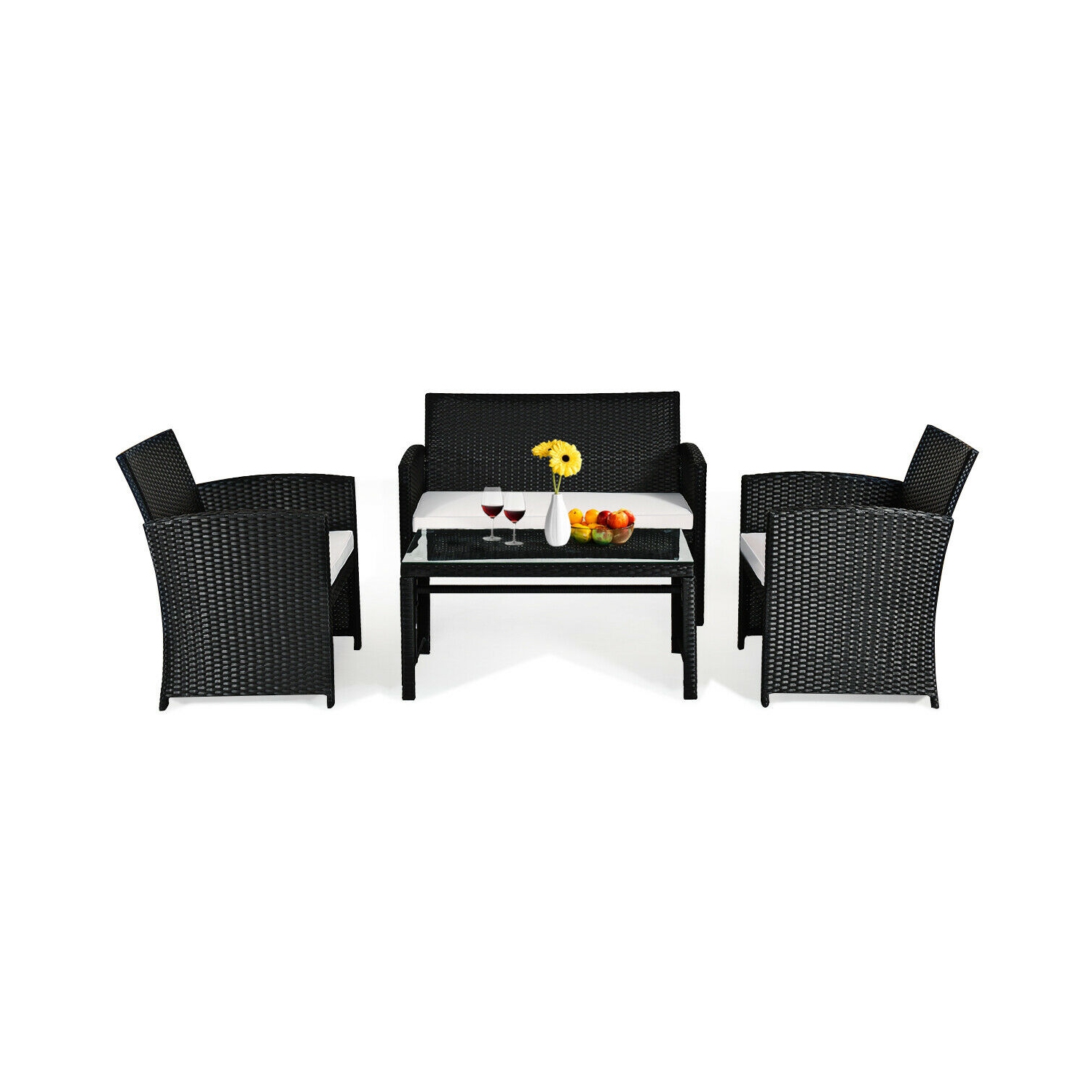 4PCS Ensemble de conversation en rotin mobiliers de jardin Canapé rembourré Table basse couleur Costway
