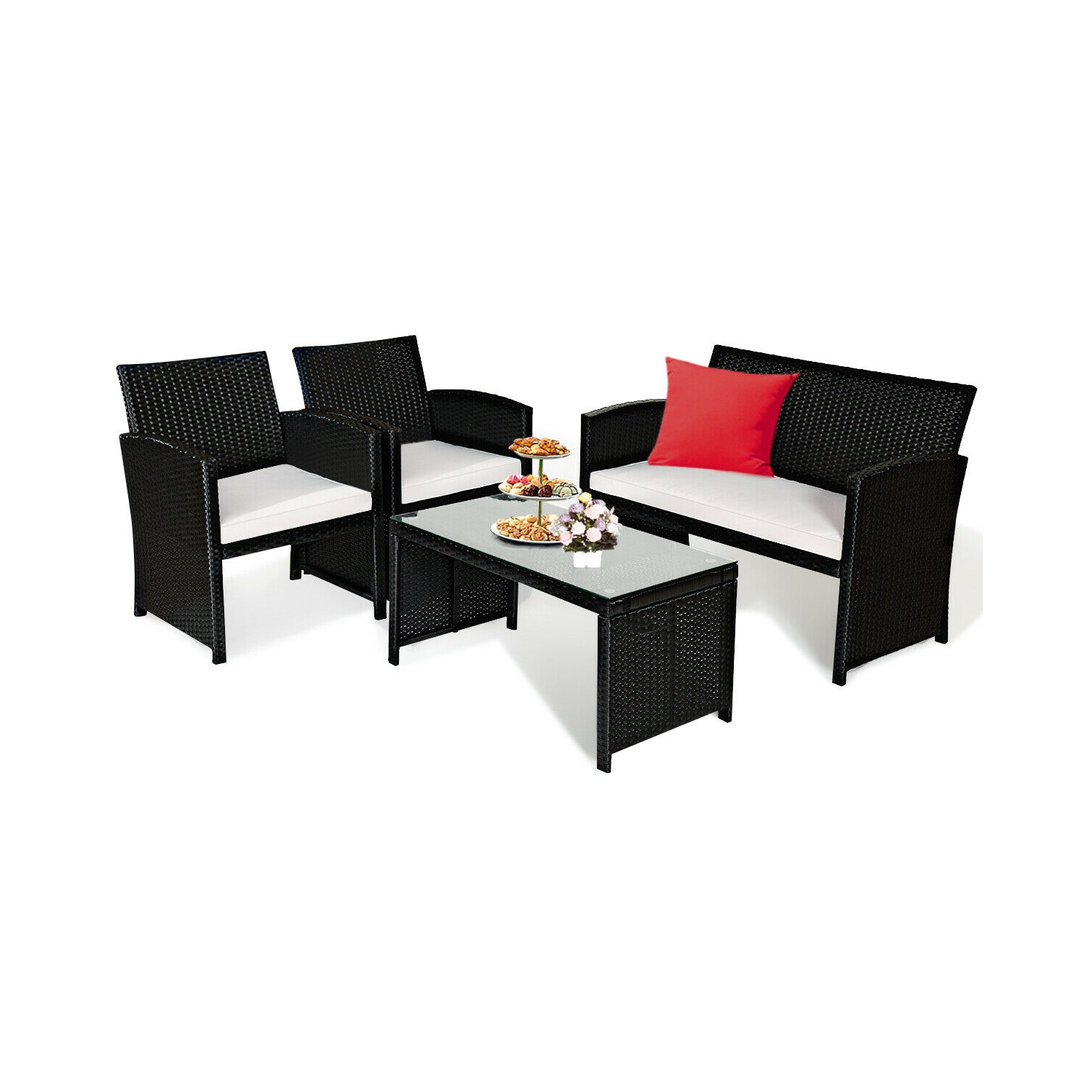 4PCS Ensemble de conversation en rotin mobiliers de jardin Canapé rembourré Table basse couleur Costway