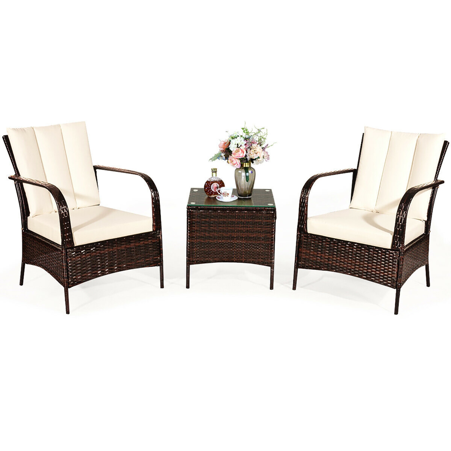 Costway 3PCS Outdoor Patio Chat Set Rattan Wicker Beige Cushioned Seat Sofa Mix Brown
