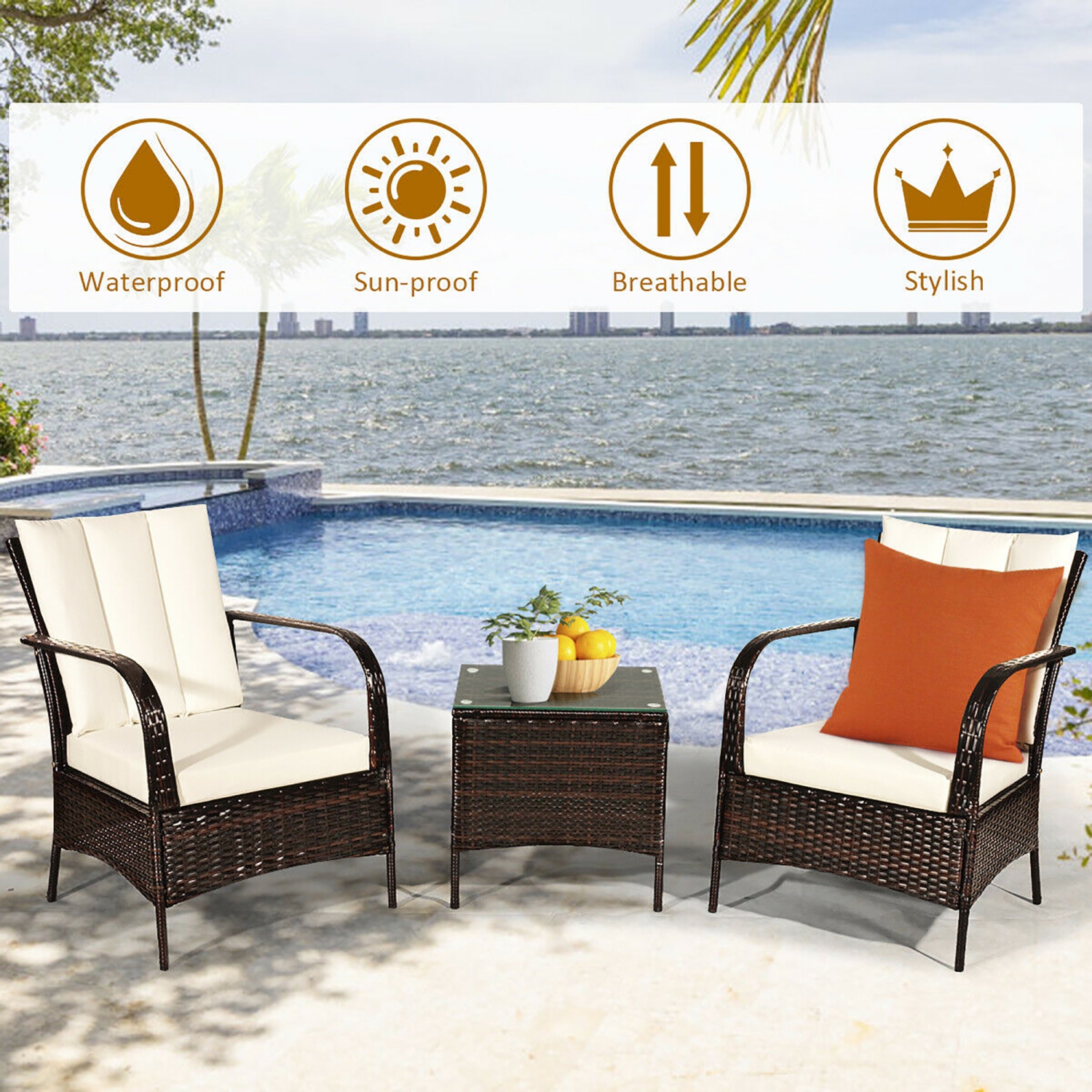 Costway 3PCS Outdoor Patio Chat Set Rattan Wicker Beige Cushioned Seat Sofa Mix Brown