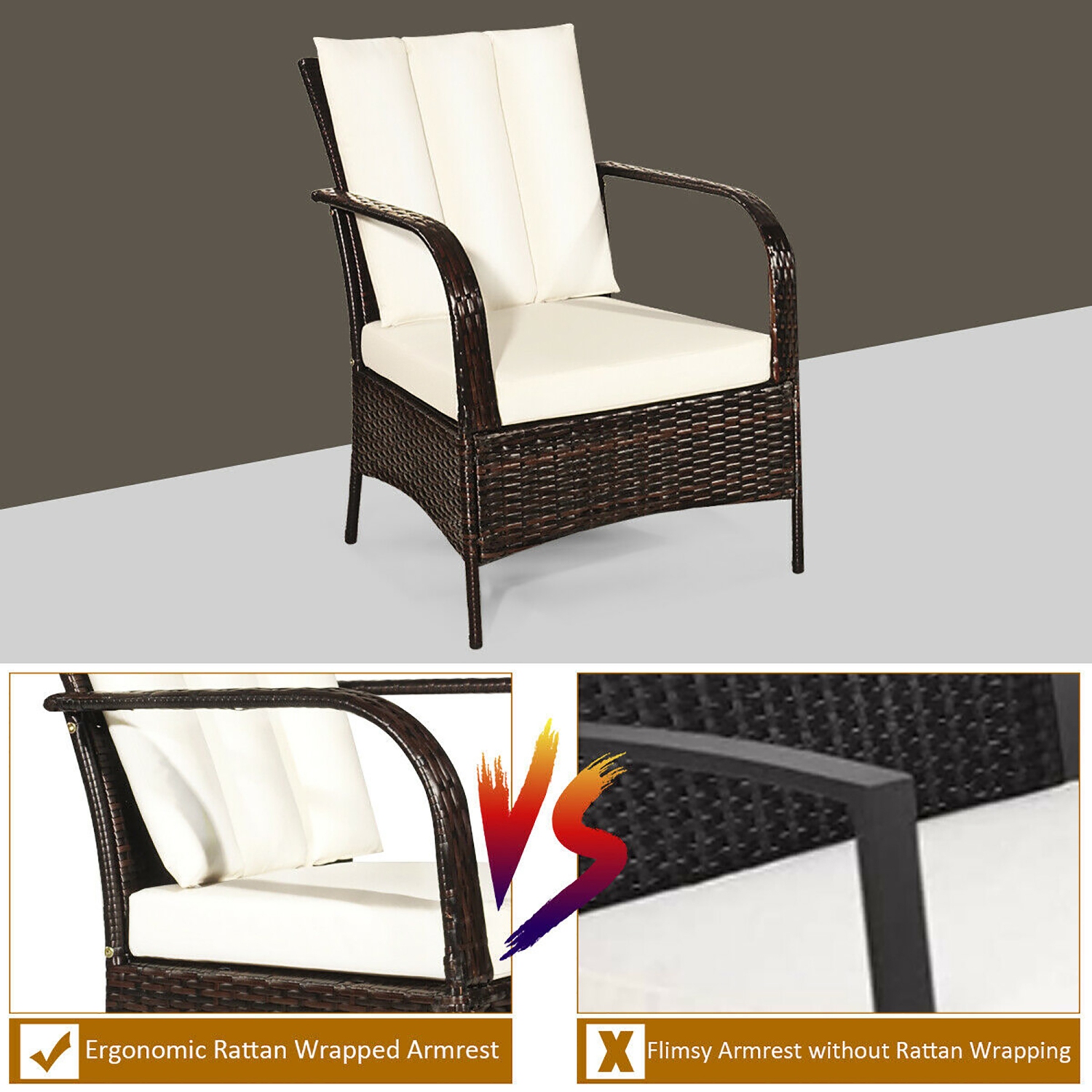 Costway 3PCS Outdoor Patio Chat Set Rattan Wicker Beige Cushioned Seat Sofa Mix Brown