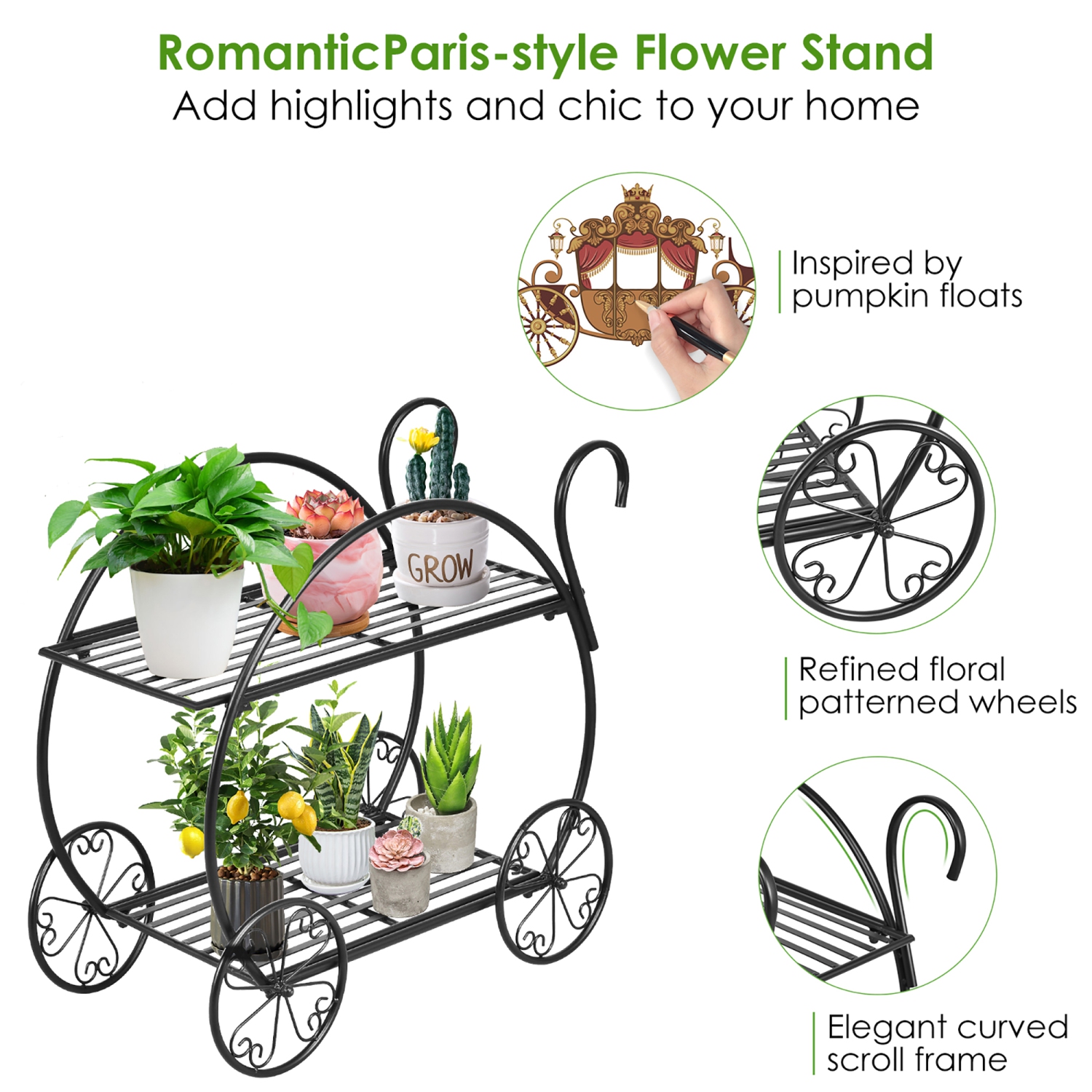 Costway Heavy Duty Metal Flower Cart Pot Rack Plant Display Stand Holder Decor