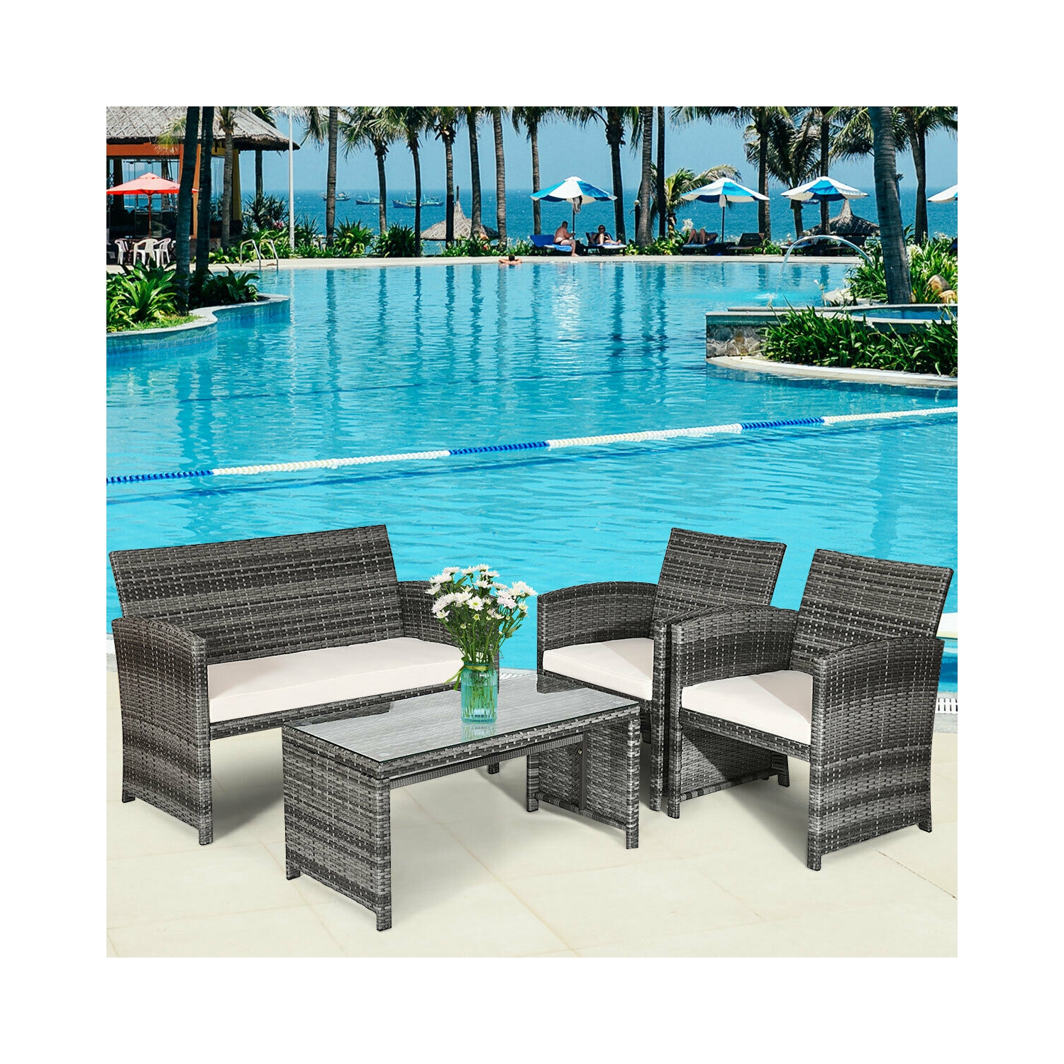 4pcs Ensemble de mobilier de patio en rotin Canapé de jardin avec sièges rembourrés