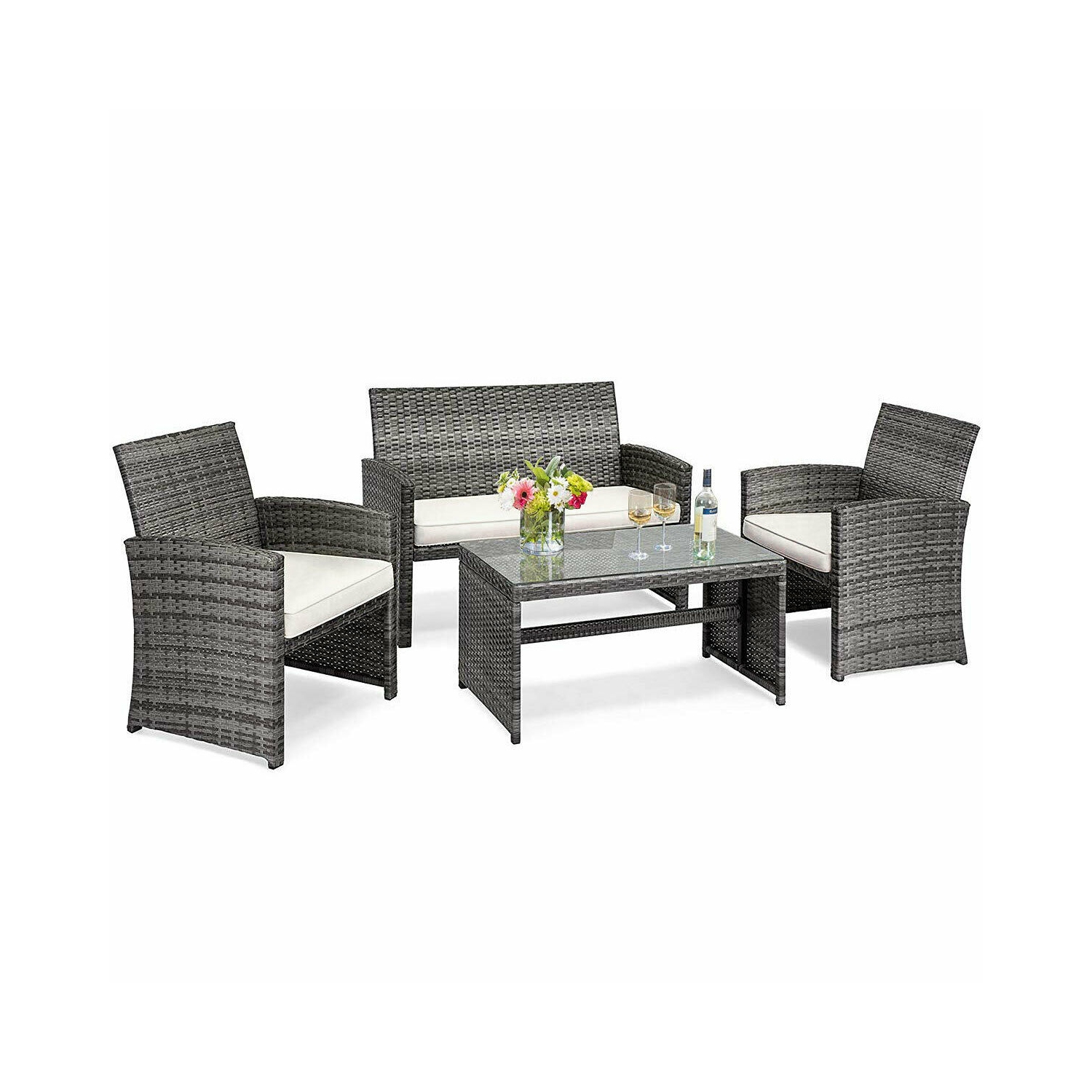 4pcs Ensemble de mobilier de patio en rotin Canapé de jardin avec sièges rembourrés