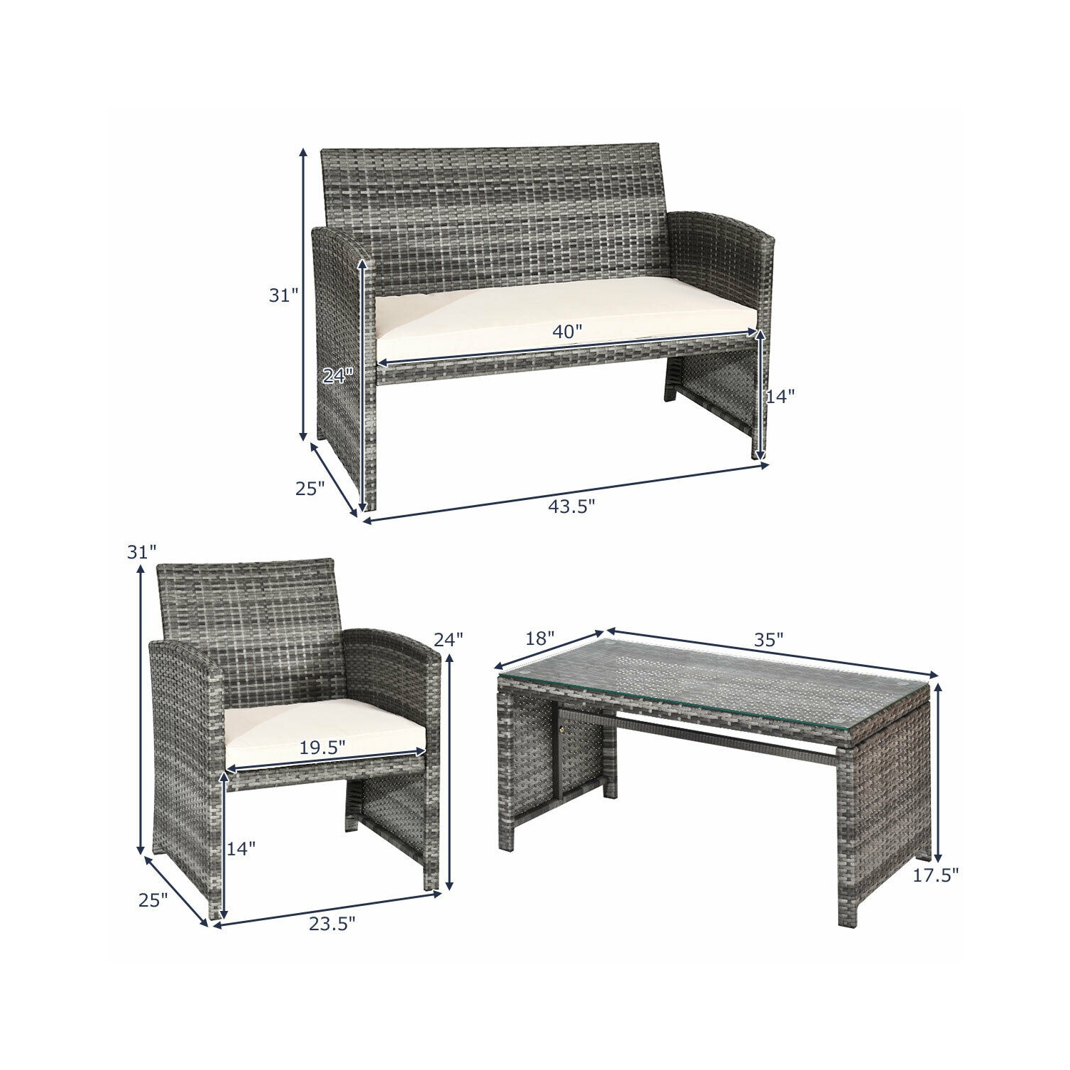 4pcs Ensemble de mobilier de patio en rotin Canapé de jardin avec sièges rembourrés