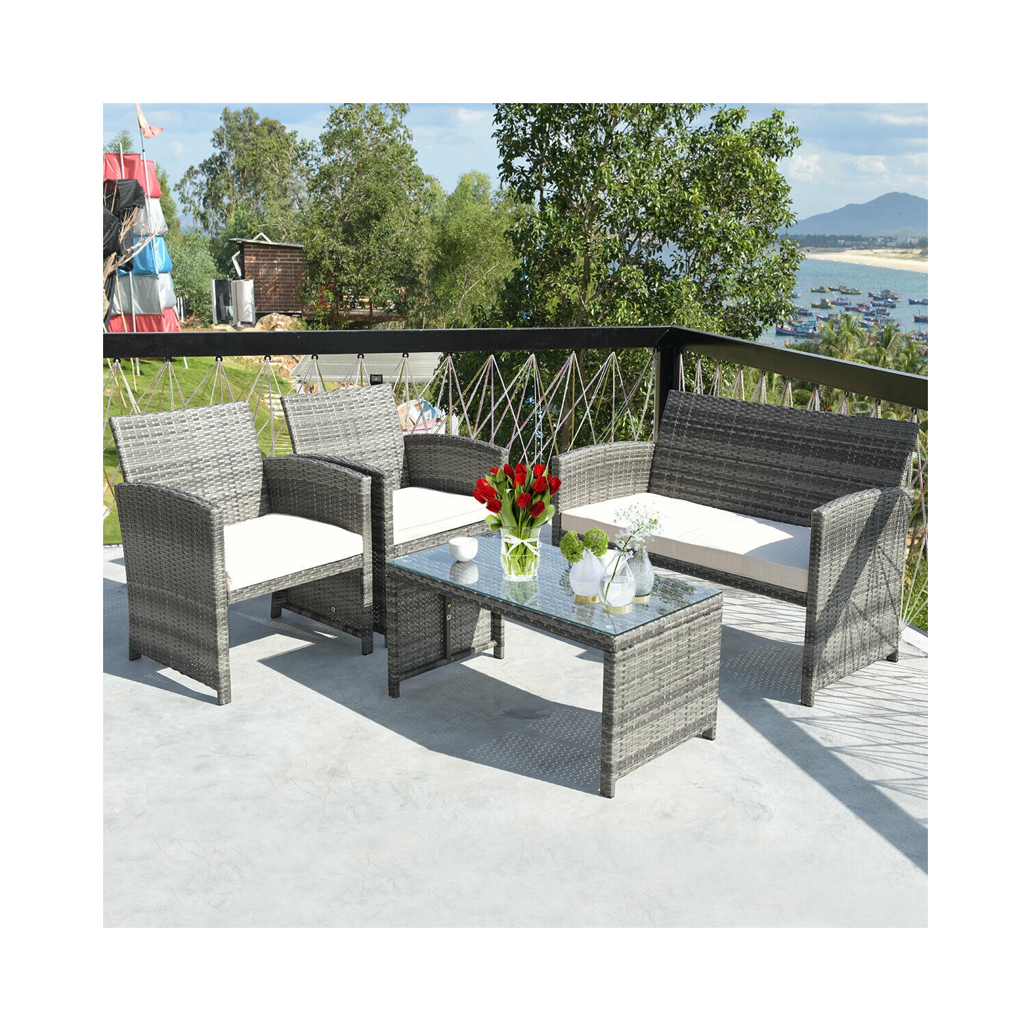 4pcs Ensemble de mobilier de patio en rotin Canapé de jardin avec sièges rembourrés