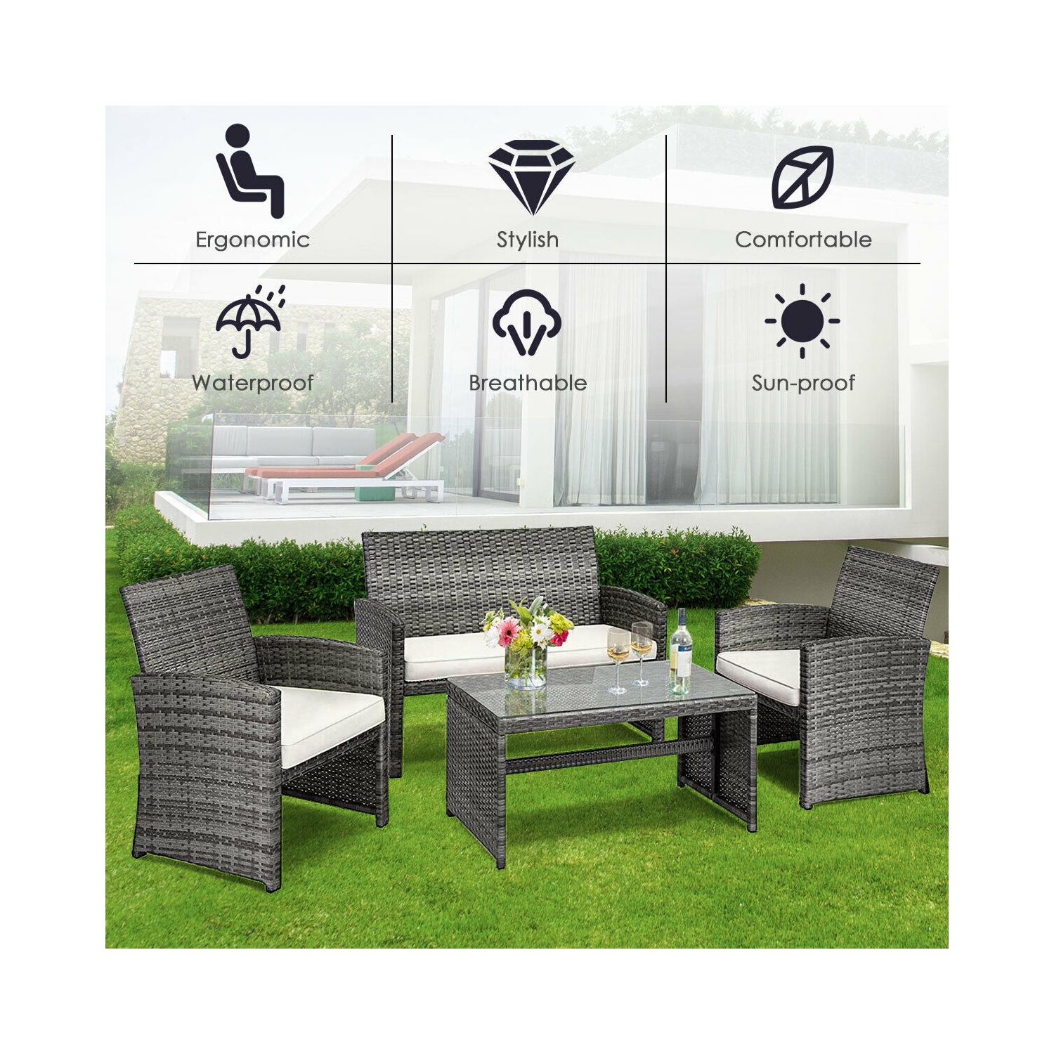 4pcs Ensemble de mobilier de patio en rotin Canapé de jardin avec sièges rembourrés