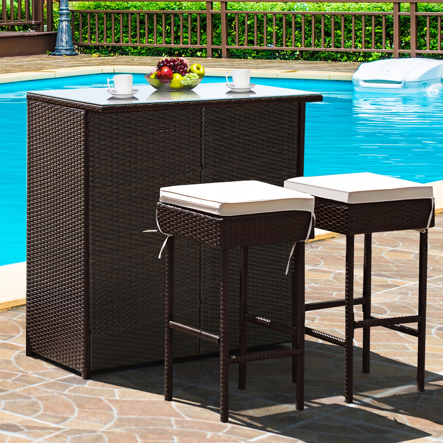 Costway 3-Piece Outdoor Patio Bar Height Bistro Set Rattan Wicker Table&2 Stools Brown