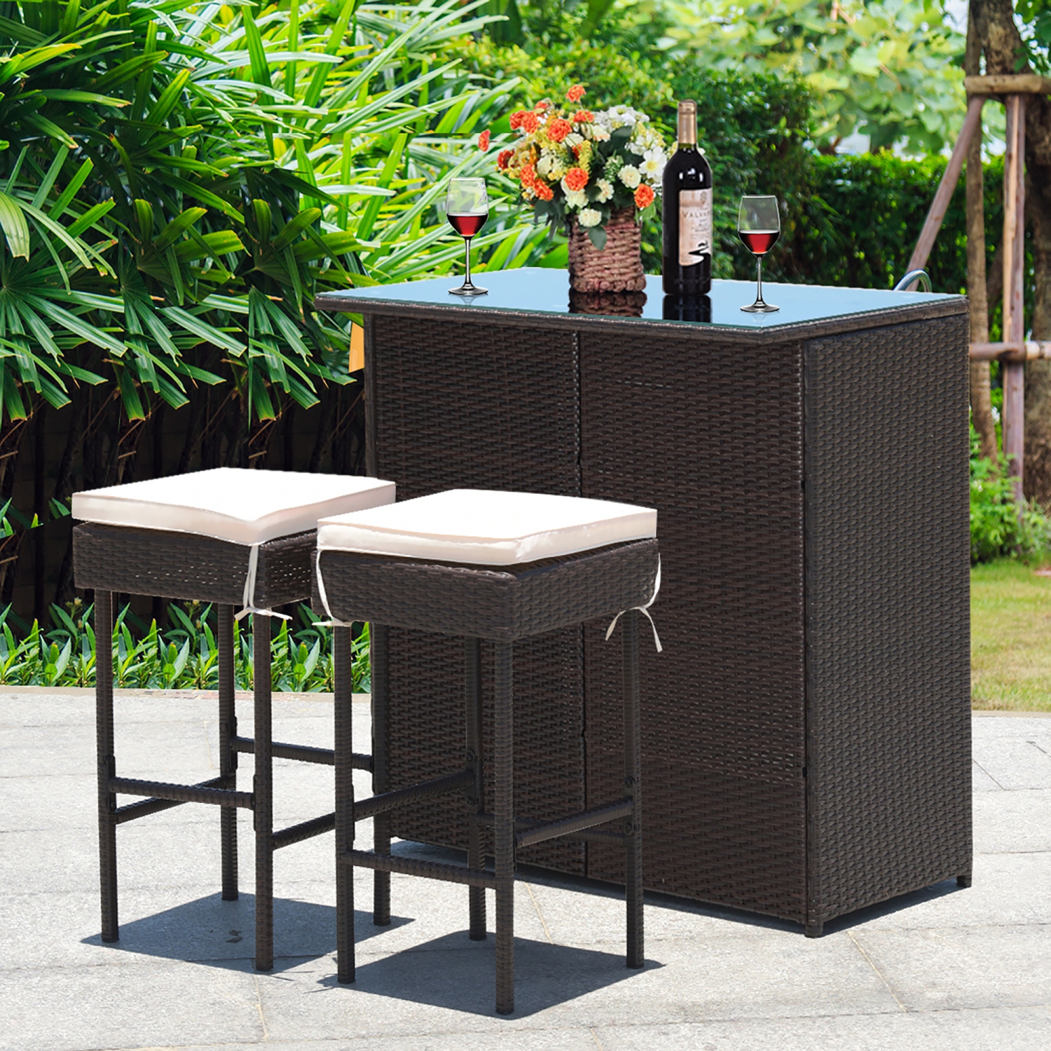 Costway 3-Piece Outdoor Patio Bar Height Bistro Set Rattan Wicker Table&2 Stools Brown