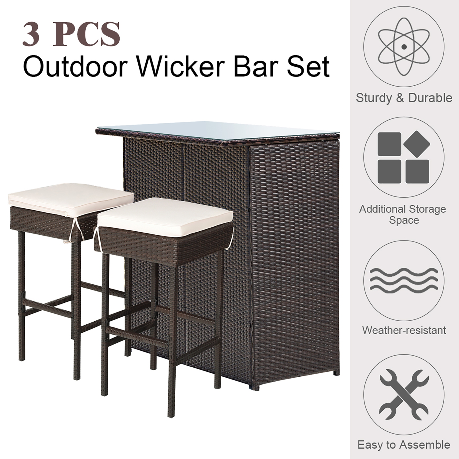 Costway 3-Piece Outdoor Patio Bar Height Bistro Set Rattan Wicker Table&2 Stools Brown