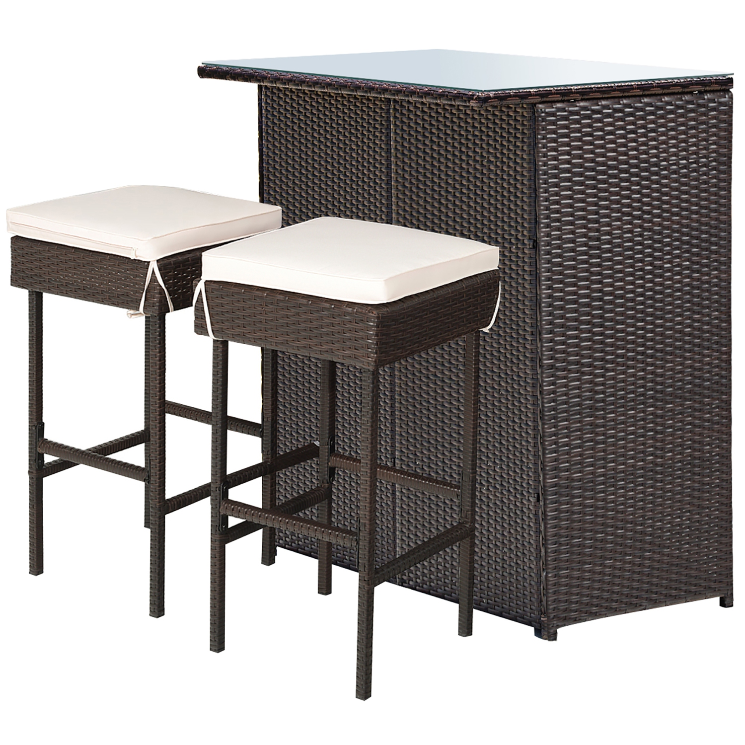 Costway 3-Piece Outdoor Patio Bar Height Bistro Set Rattan Wicker Table&2 Stools Brown