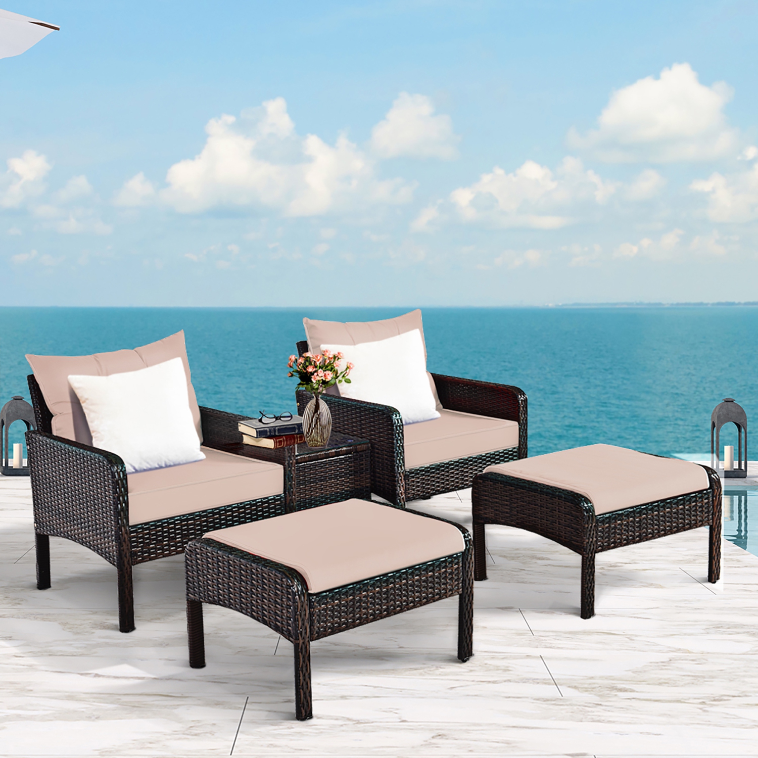 5PCS Ensemble de mobilier de patio en rotin Canapé Table Ottomane Coussin