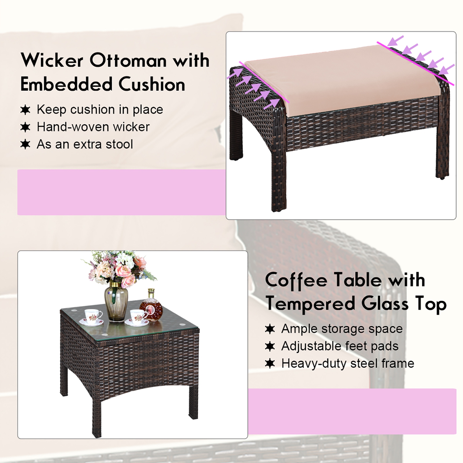 5PCS Ensemble de mobilier de patio en rotin Canapé Table Ottomane Coussin