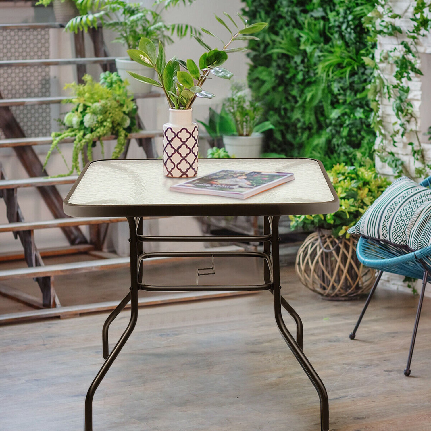 Jardin de jardin extérieur pour piscine extérieure avec table carrée en verre trempé et cadre en acier de Costway, 31,5''