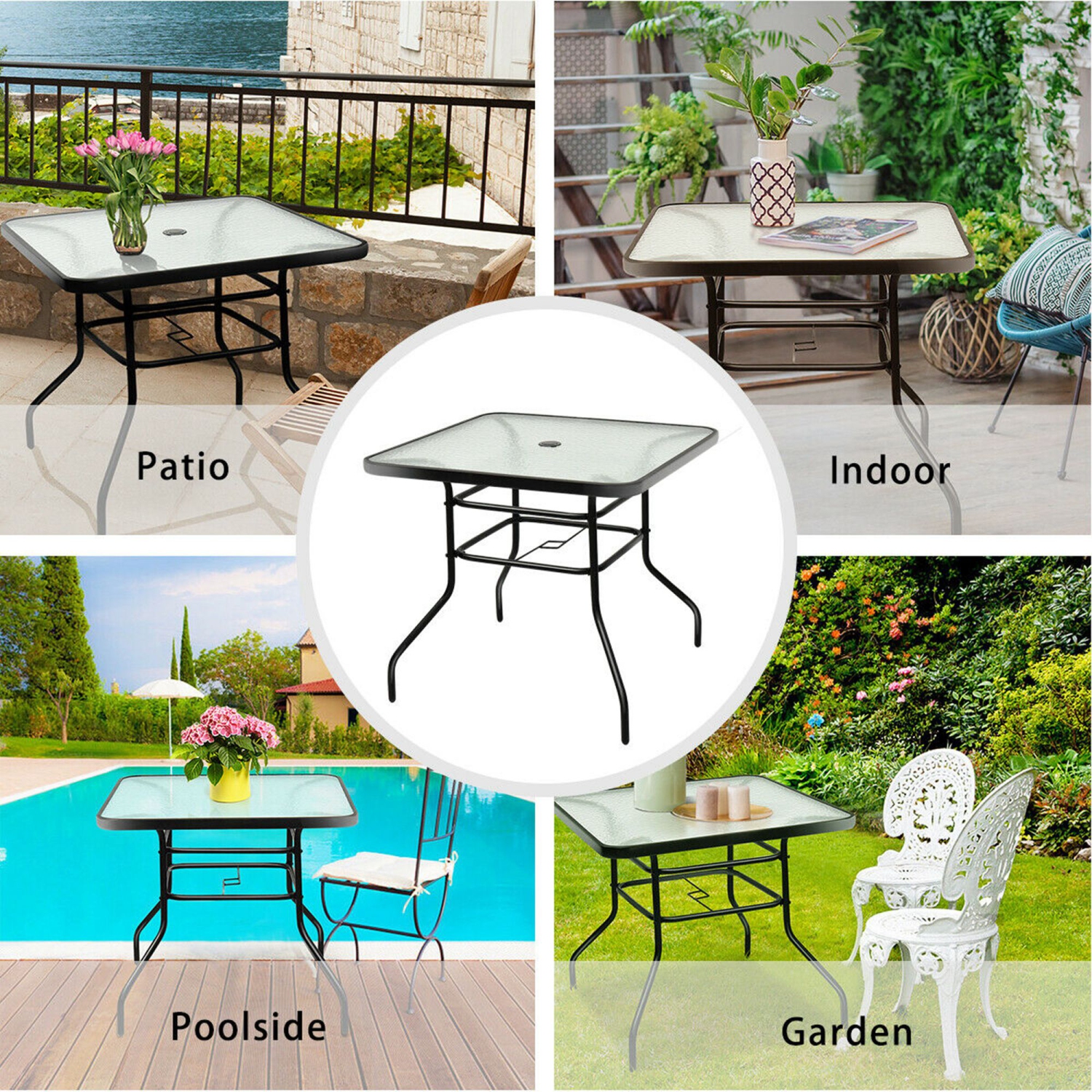 Jardin de jardin extérieur pour piscine extérieure avec table carrée en verre trempé et cadre en acier de Costway, 31,5''