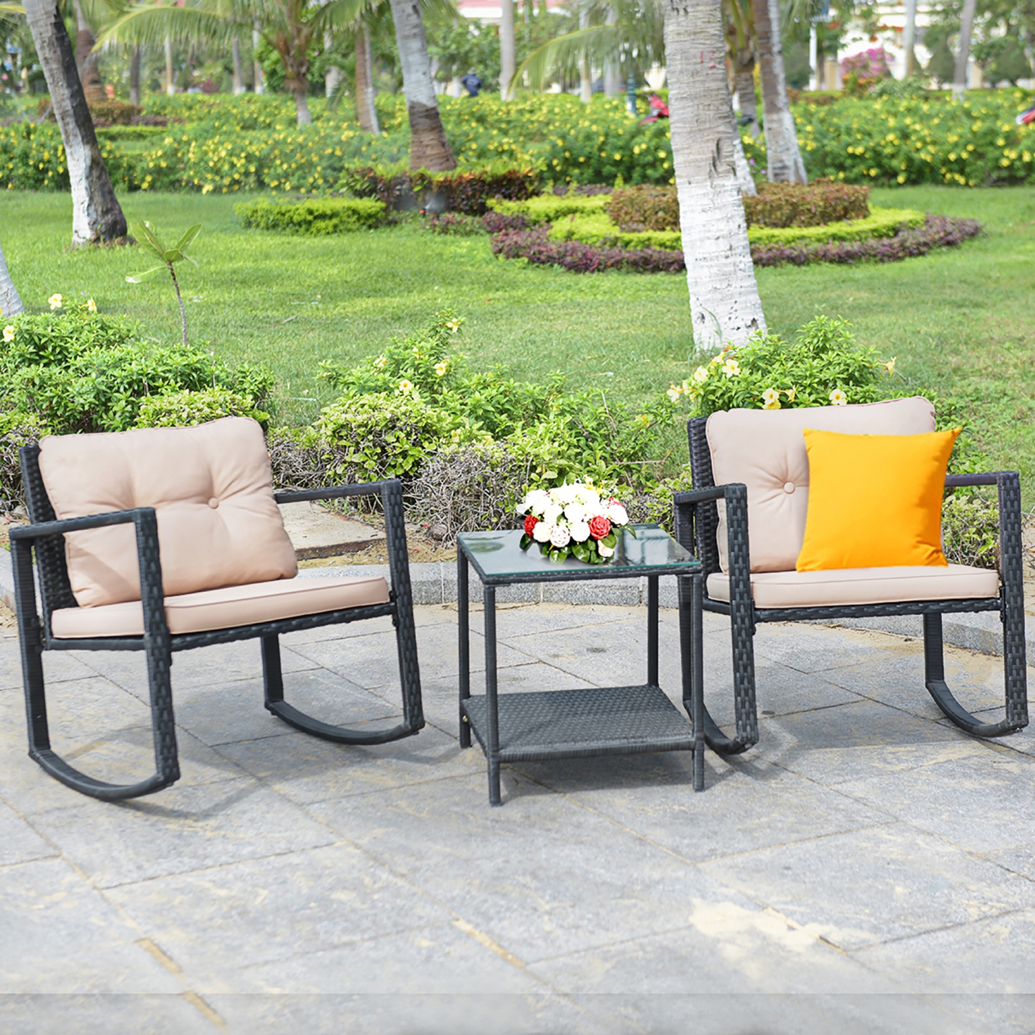 Costway 3-Piece Patio Wicker Bistro Furniture Set w/ 2 Rocking Chairs Glass Side Table Cushions