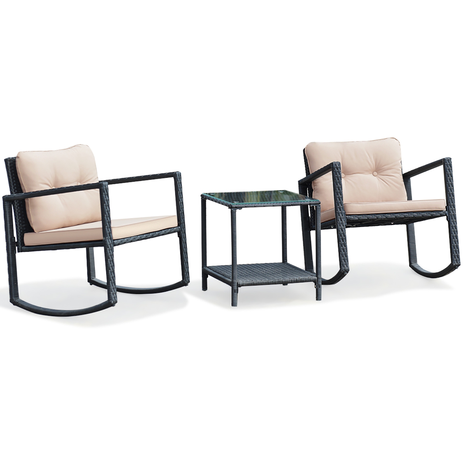 Costway 3-Piece Patio Wicker Bistro Furniture Set w/ 2 Rocking Chairs Glass Side Table Cushions