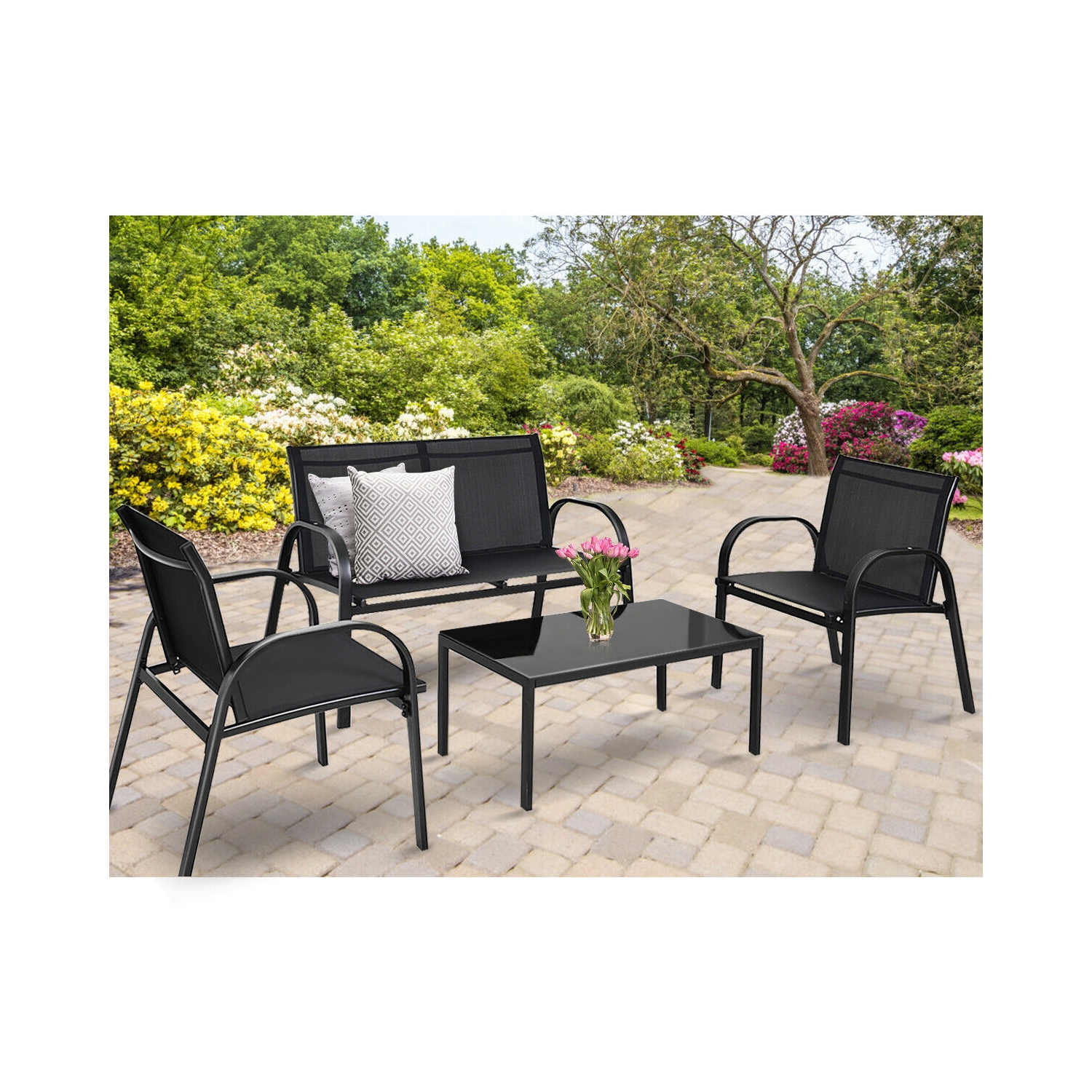 Costway 4 PCS Patio Furniture Set Sofa Coffee Table Steel Frame Garden Deck Black