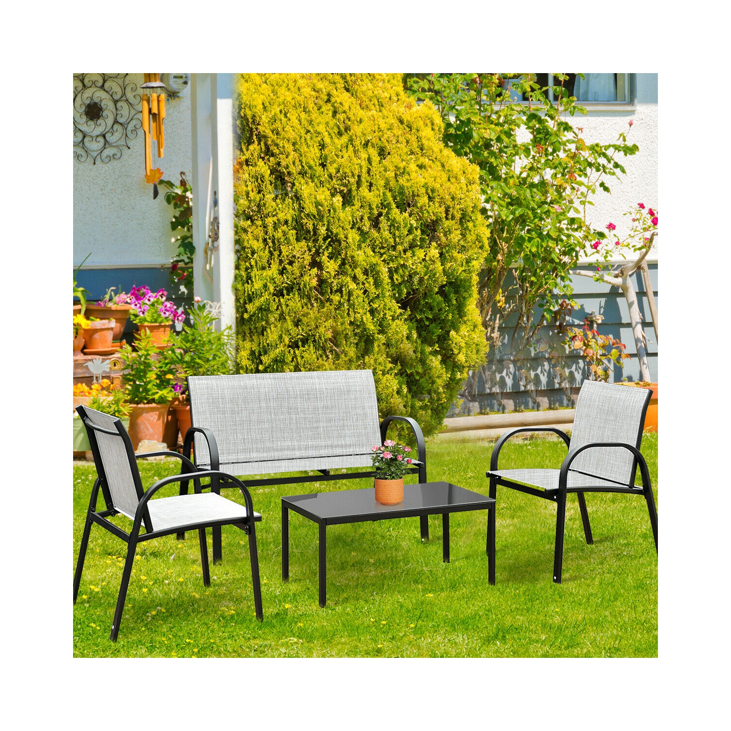 Costway 4 PCS Patio Furniture Set Sofa Coffee Table Steel Frame Garden Deck Gray