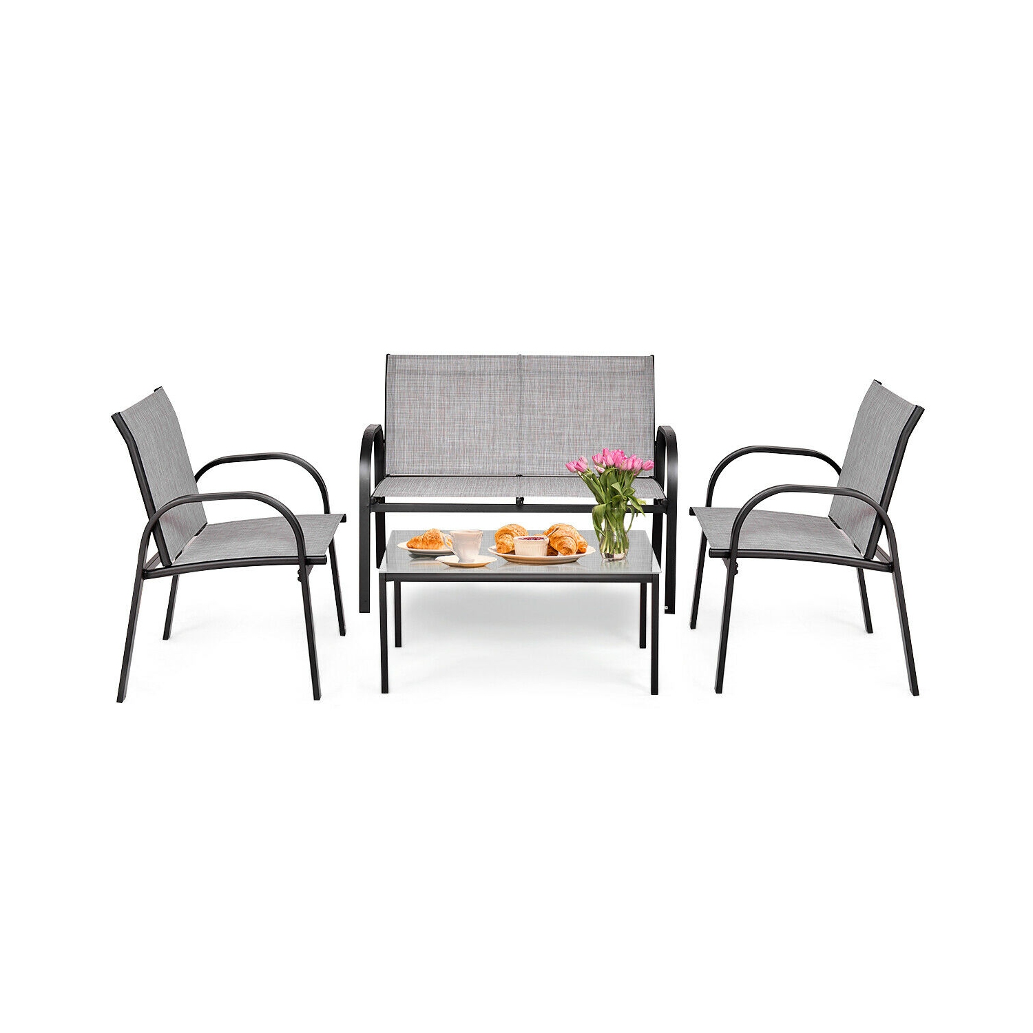 Costway 4 PCS Patio Furniture Set Sofa Coffee Table Steel Frame Garden Deck Gray