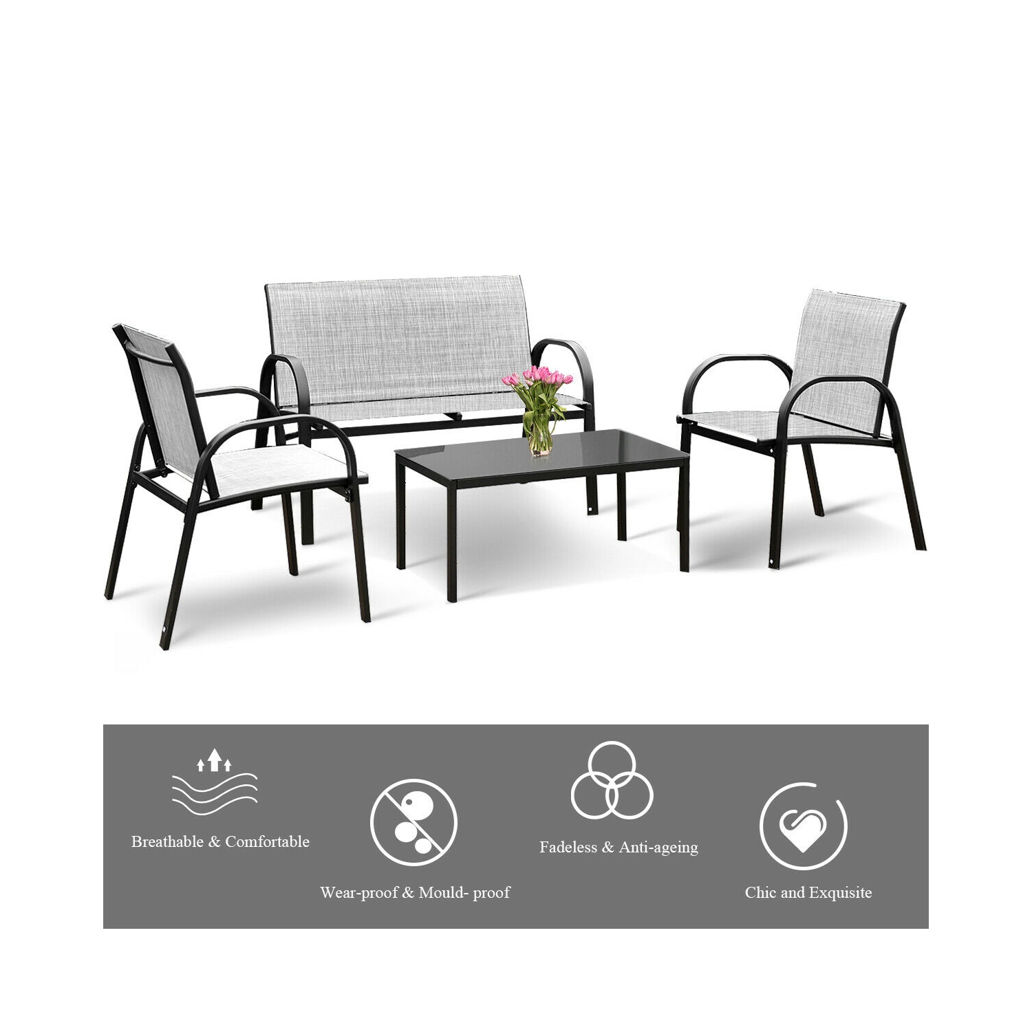 Costway 4 PCS Patio Furniture Set Sofa Coffee Table Steel Frame Garden Deck Gray