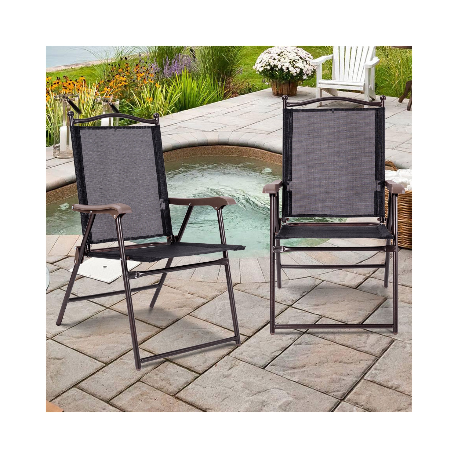Gymax Set of 2 Folding Patio Furniture Sling Back Chairs Outdoors Black