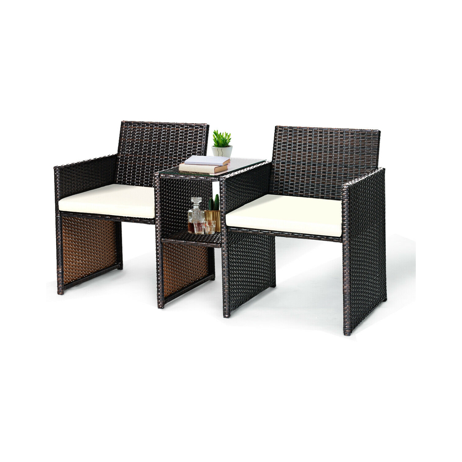 Gymax Cushioned Patio Rattan Seat Loveseat Sofa Table Chairs