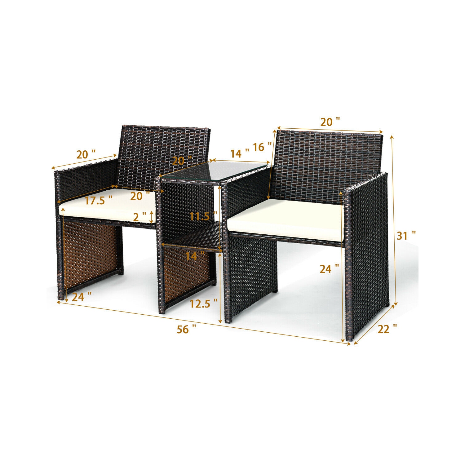 Gymax Cushioned Patio Rattan Seat Loveseat Sofa Table Chairs