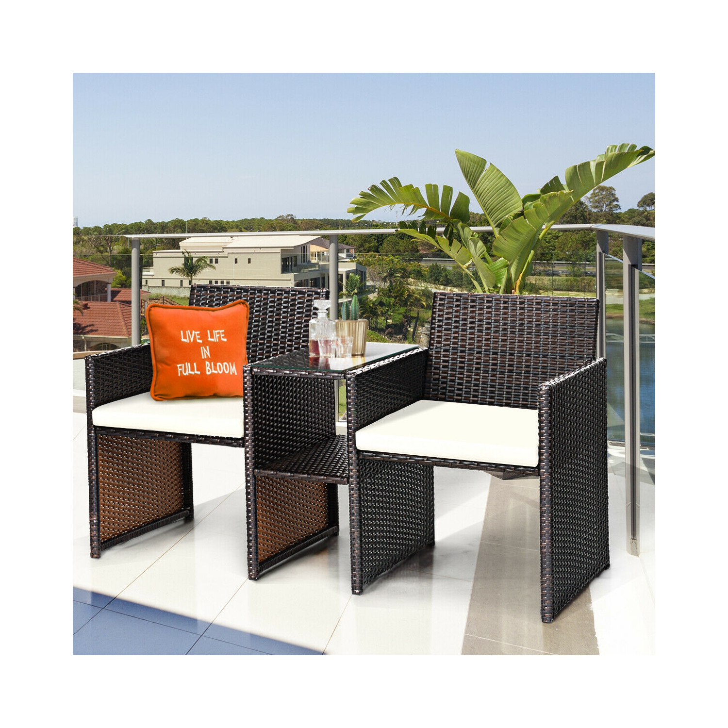 Gymax Cushioned Patio Rattan Seat Loveseat Sofa Table Chairs