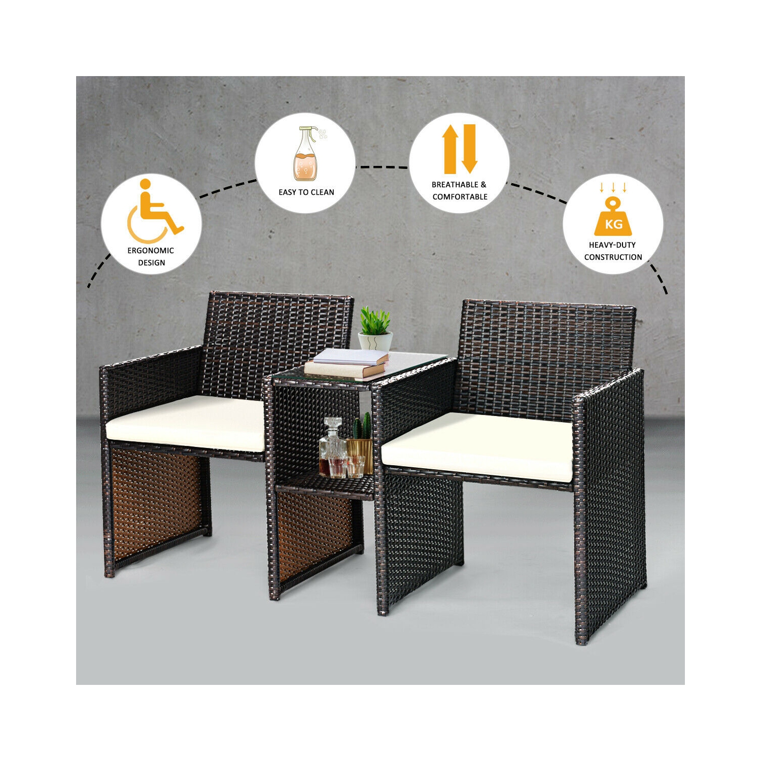 Gymax Cushioned Patio Rattan Seat Loveseat Sofa Table Chairs