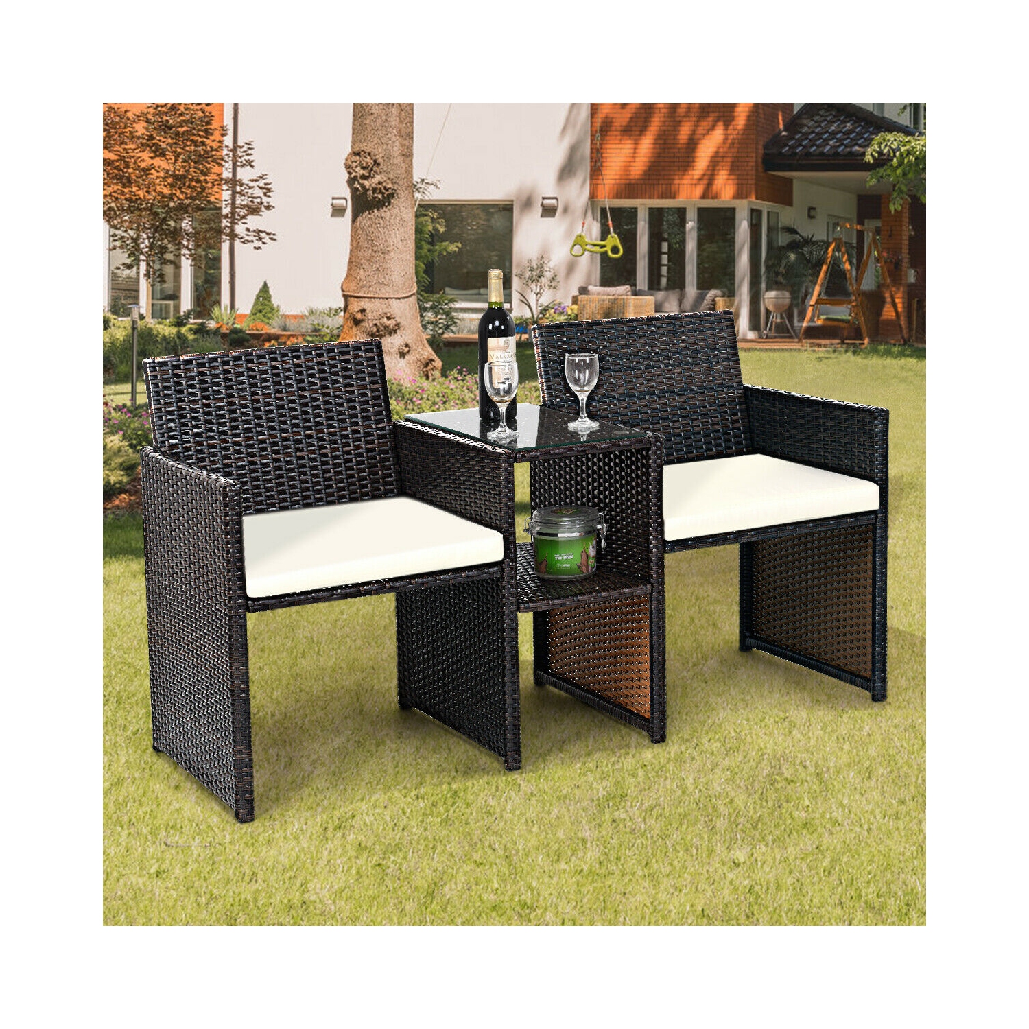 Gymax Cushioned Patio Rattan Seat Loveseat Sofa Table Chairs