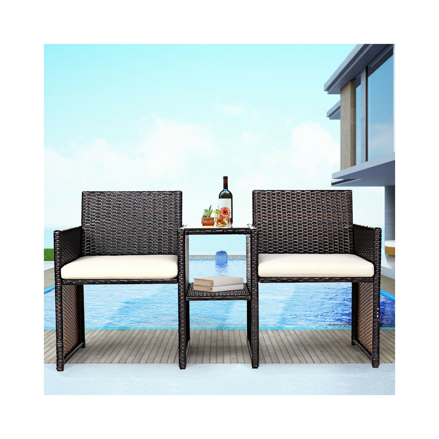 Gymax Cushioned Patio Rattan Seat Loveseat Sofa Table Chairs