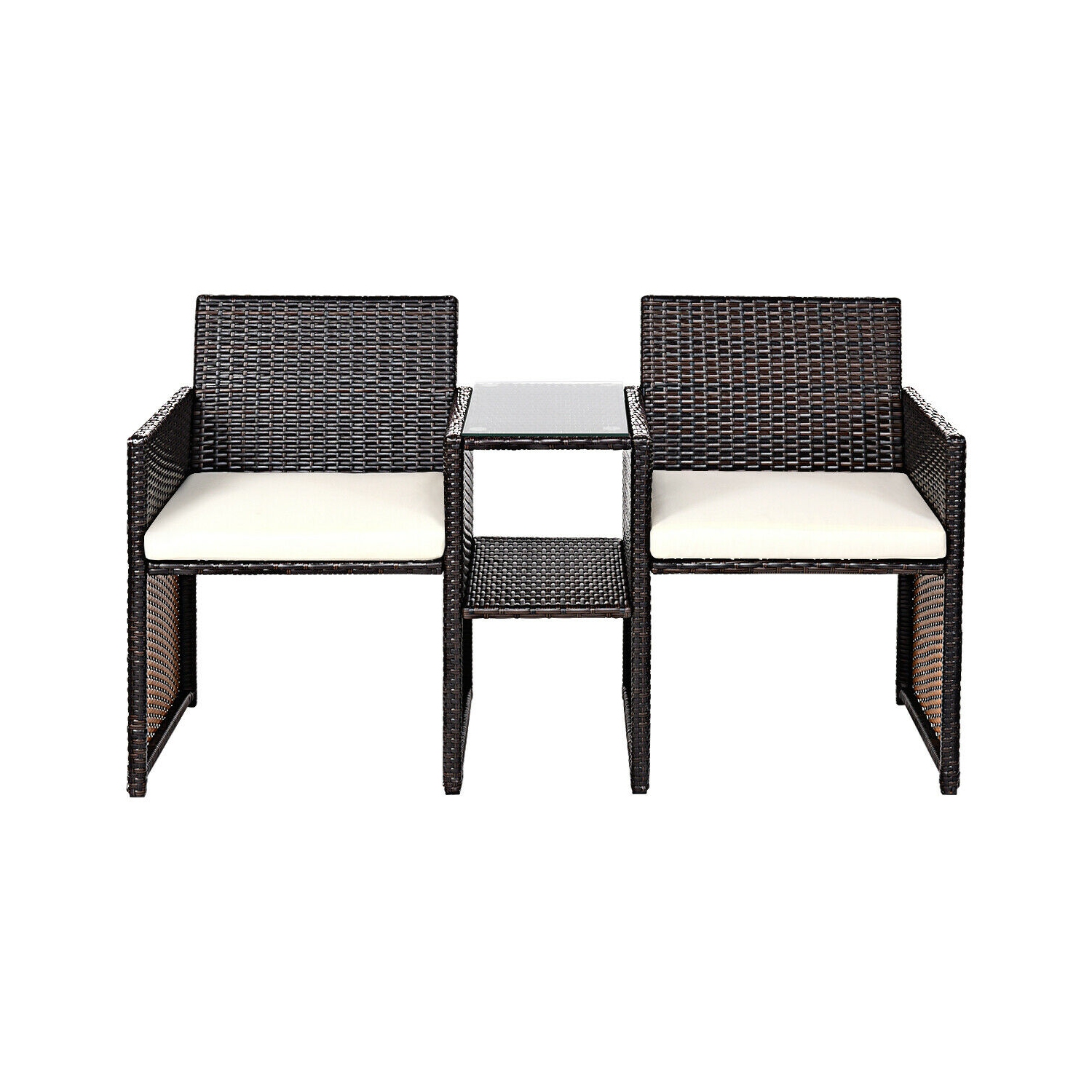 Gymax Cushioned Patio Rattan Seat Loveseat Sofa Table Chairs