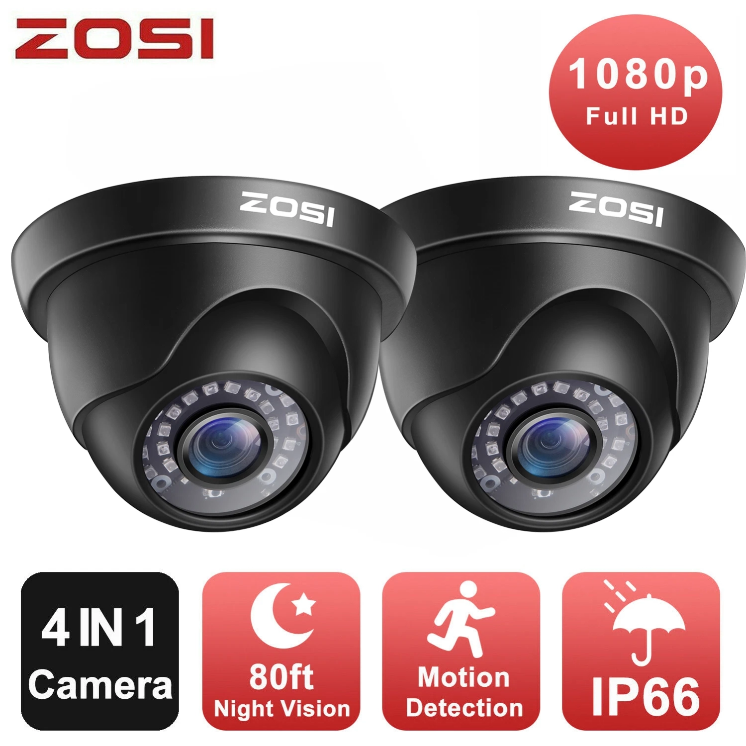 ZOSSI – caméra de surveillance HD-TVI/CVI/CVBS DVR supplémentaire avec fil 1080P 2&nbsp;Mpx hybride 4-en-1, IP66, vision nocturne 80&nbsp;pi, noir